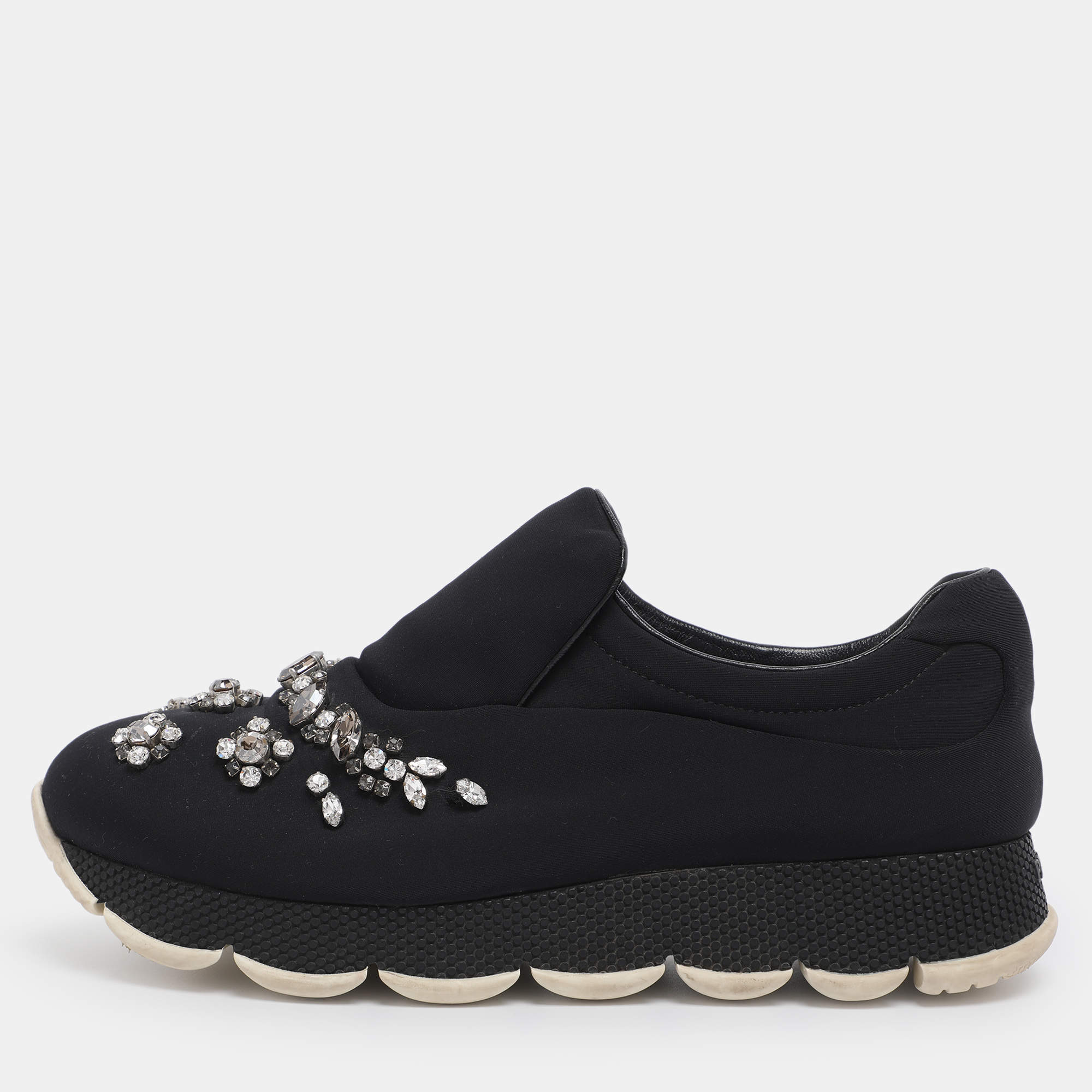 Pre Owned Prada Navy Blue Neoprene Crystal Embellished Slip On Sneakers Size 37.5