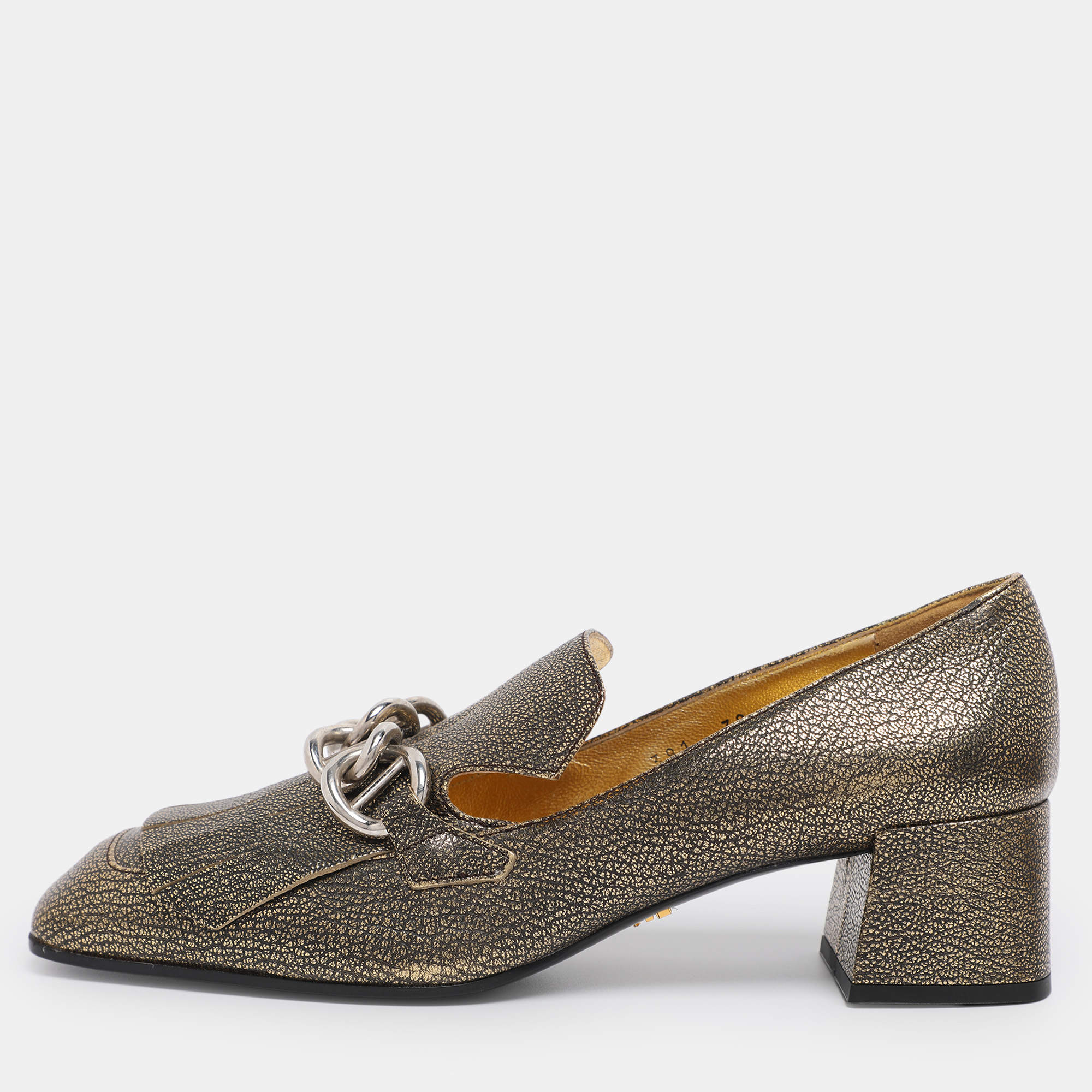 Pre Owned Prada Gold Metalic Leather Fringe Chain Detail Moccasins Size 38