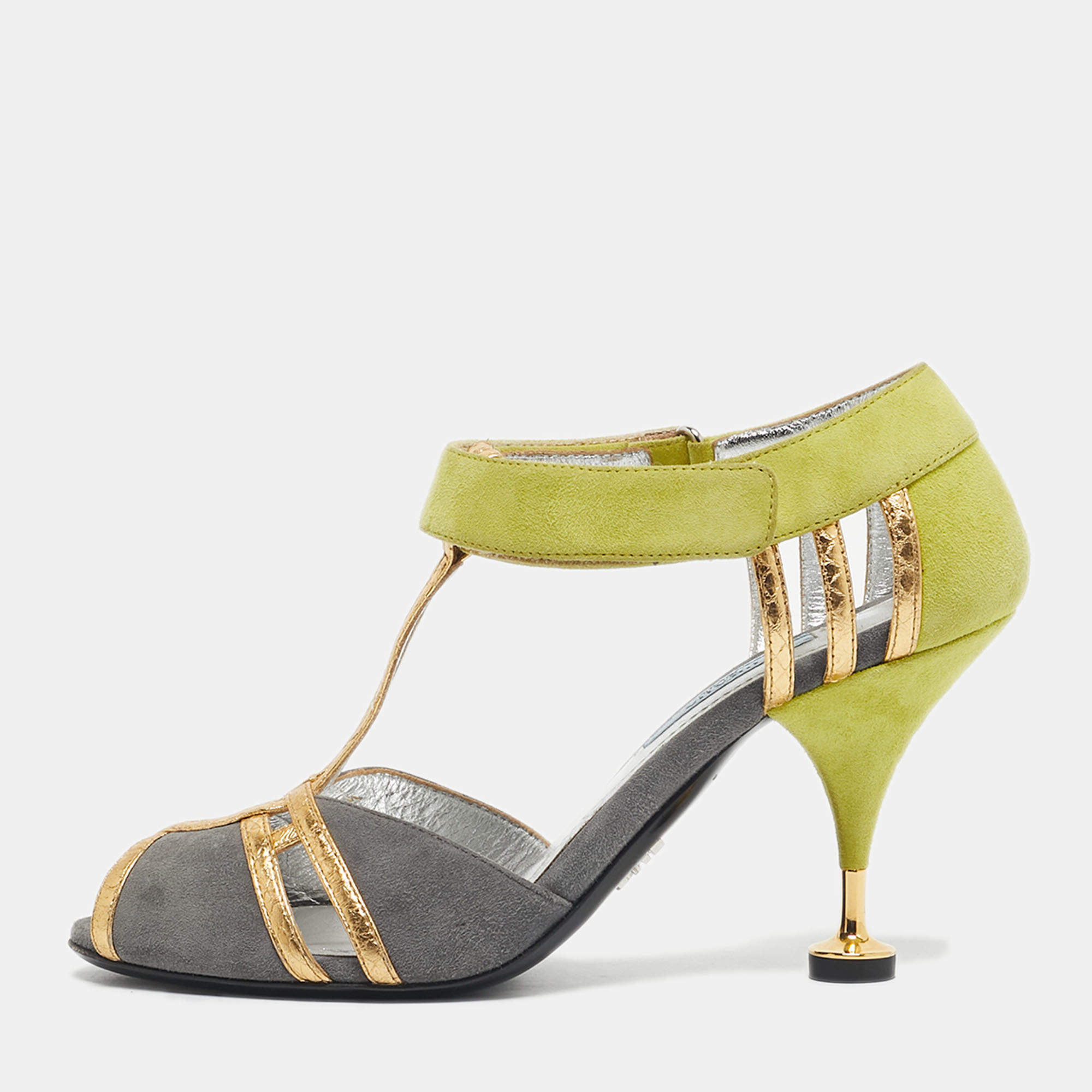 Pre Owned Prada Green/Grey Suede and Leather T Strap Pumps Size 37