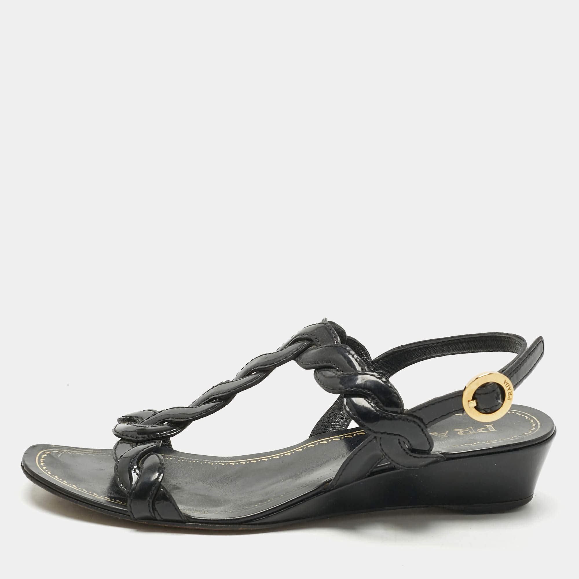 Pre Owned Prada Black Patent Leather Wedge Ankle Strap Sandals Size 37