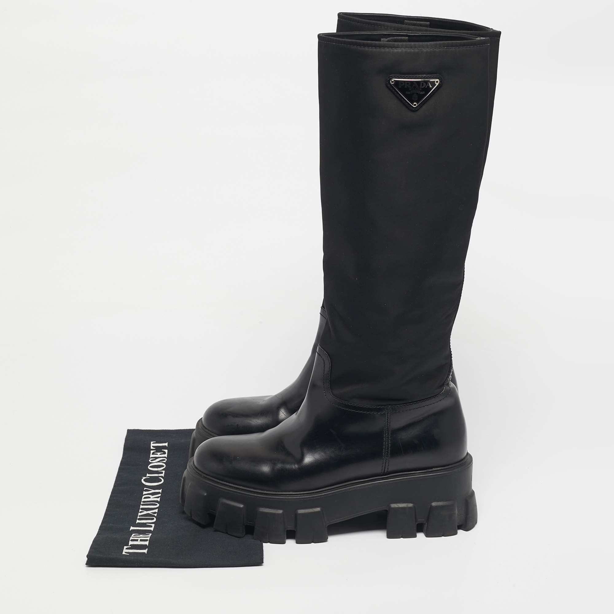 靴 PRADA Leather Boots 37 1/2 Prada Black Leather and Nylon Ankle Boots Size 37 Prada | TLC