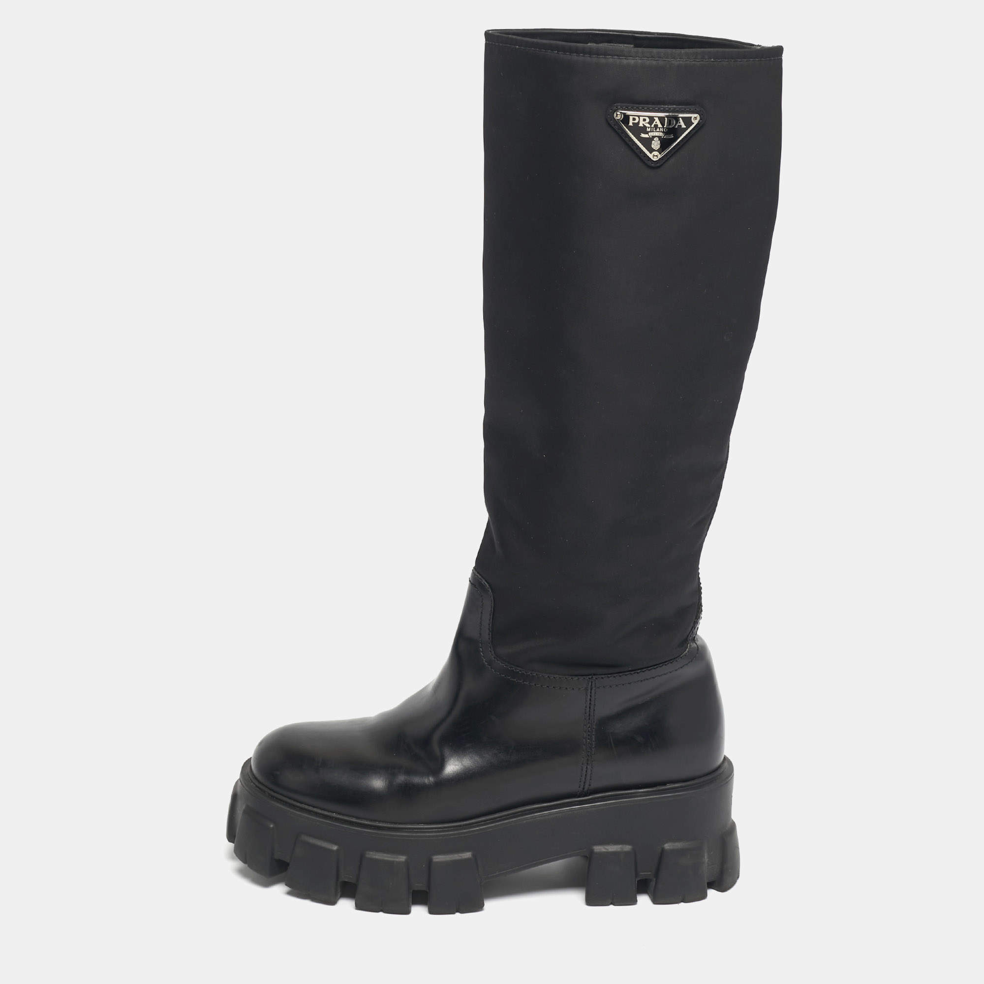 Pre Owned Prada Black Nylon and Patent Leather Monolith Knee Length Boots Size 38