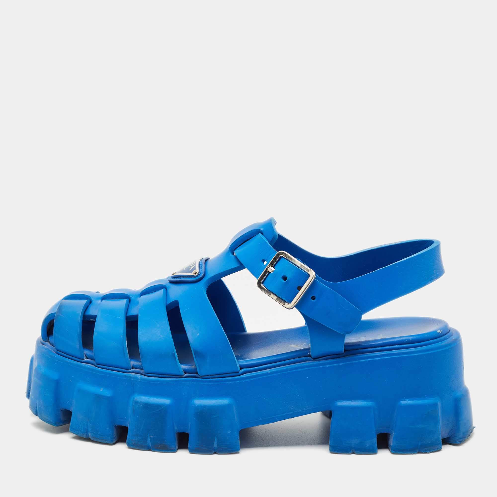 Pre Owned Prada Blue Rubber Monolith Platform Sandals Size 38