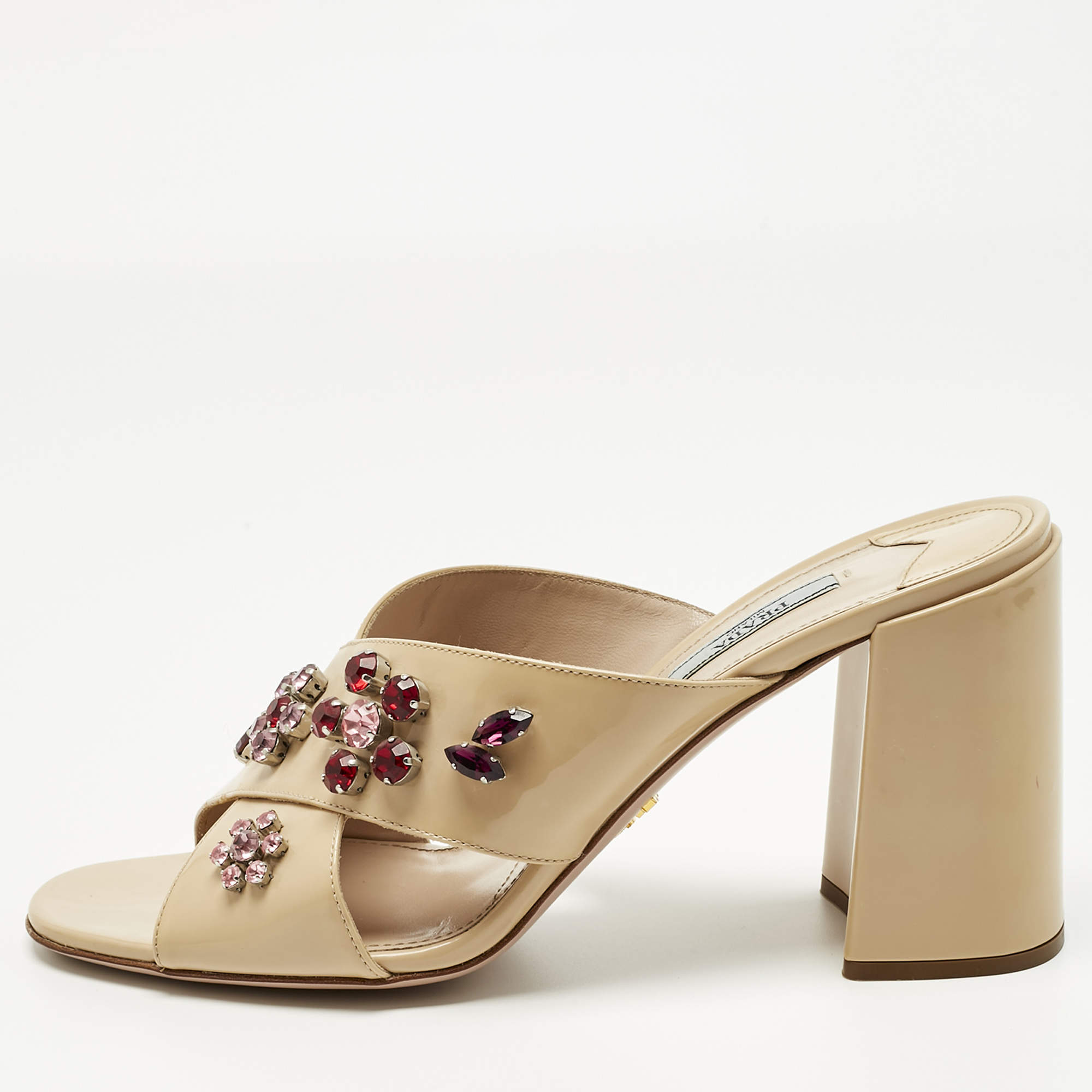 Pre Owned Prada Beige Patent Leather Crisscross Crystals Embellished Slide Sandals Size 41