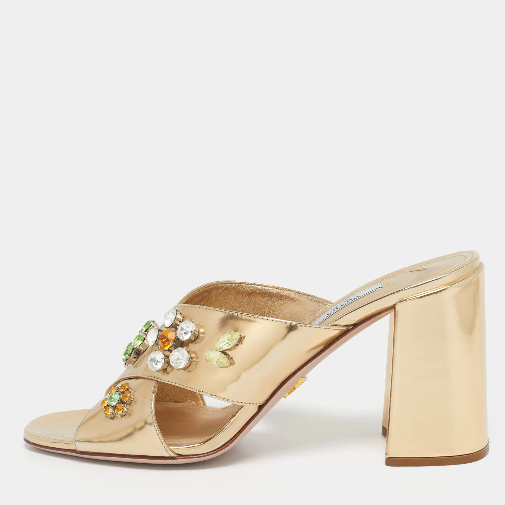 Pre Owned Prada Gold Patent Leather Crisscross Embellished Sandals Size 41