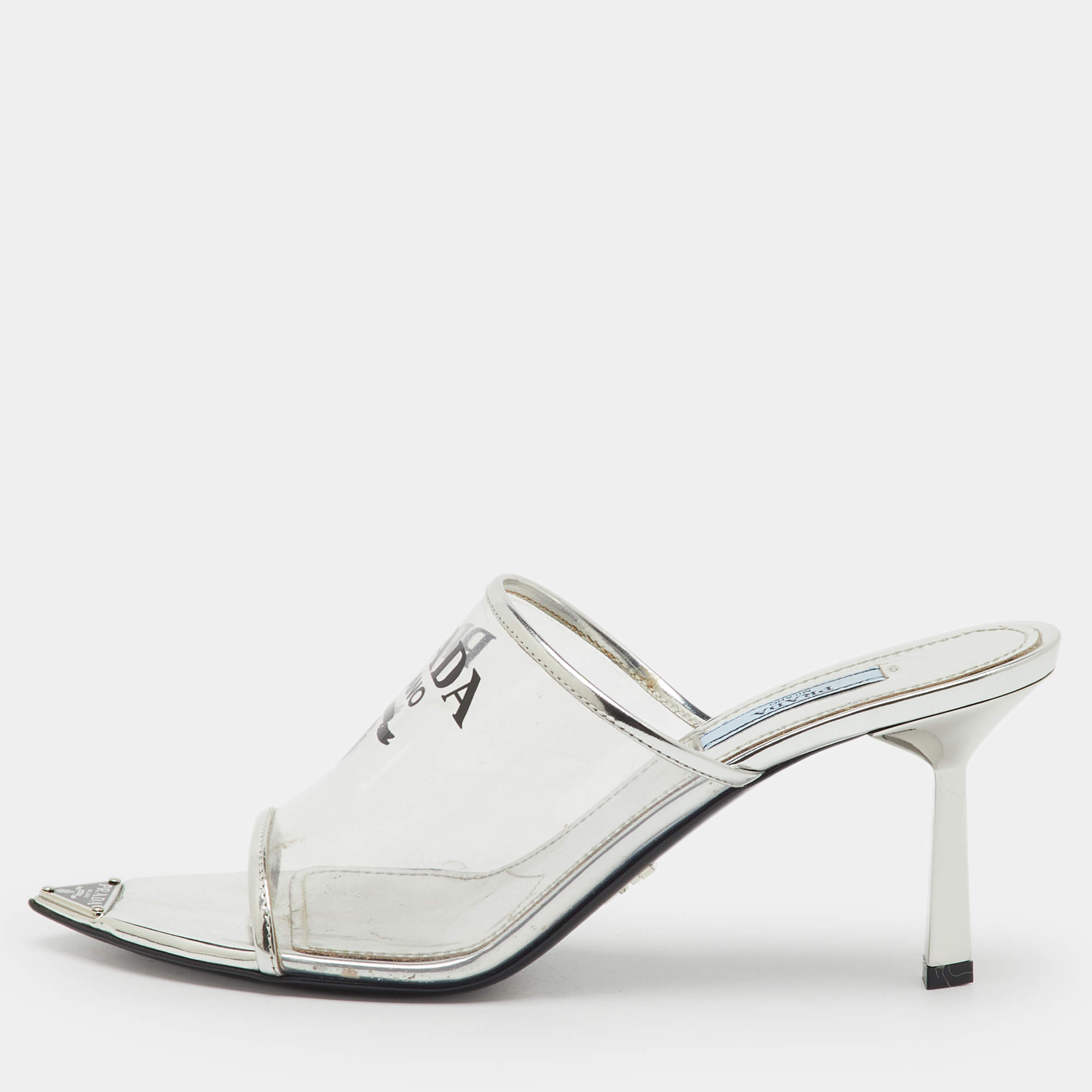 Pre Owned Prada Transparent/Silver Leather and Logo Print PVC Plexiglass Slide Sandals Size 38