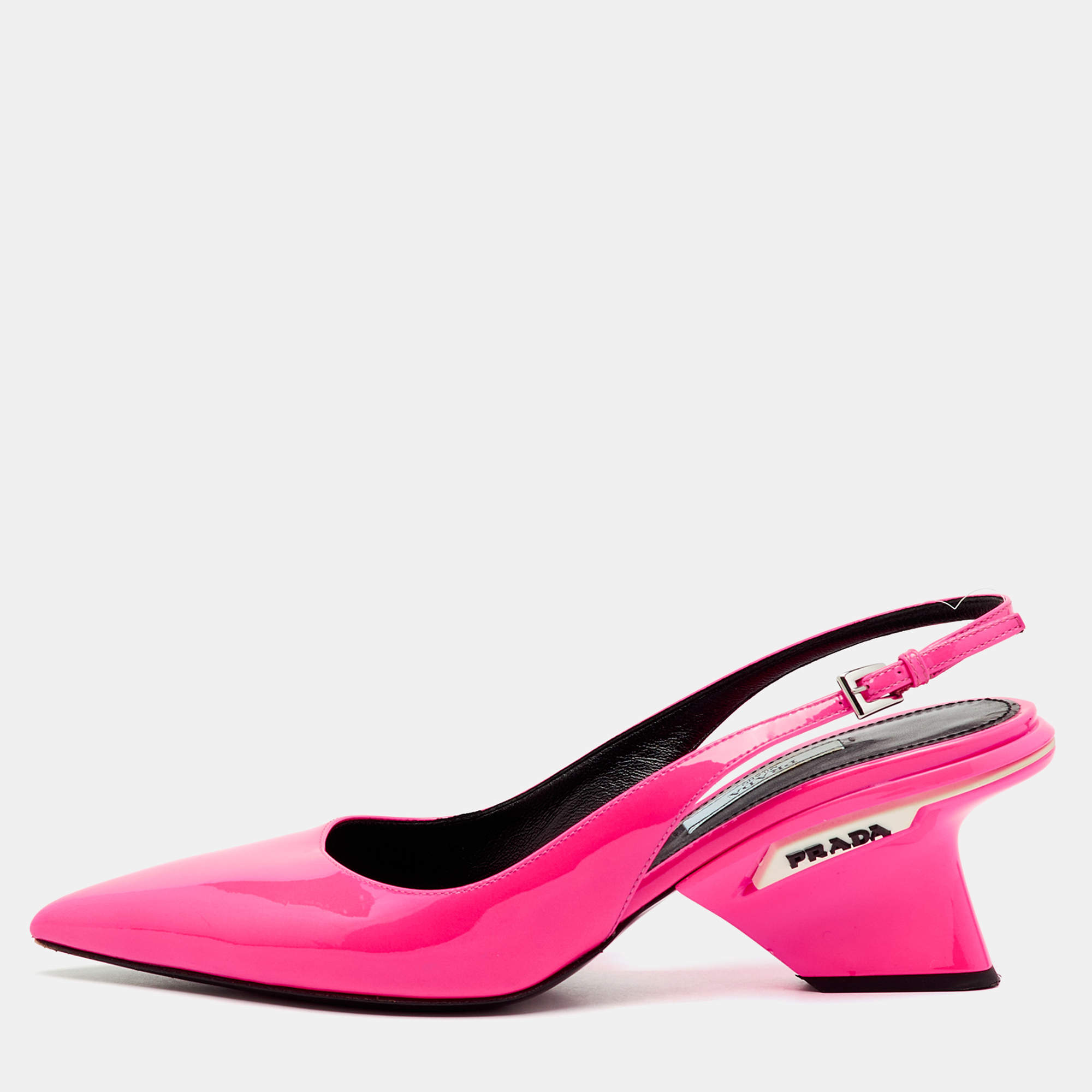 Pre Owned Prada Pink Patent Leather Logo Pointed Toe Wedge Slingback Pumps Size 37.5