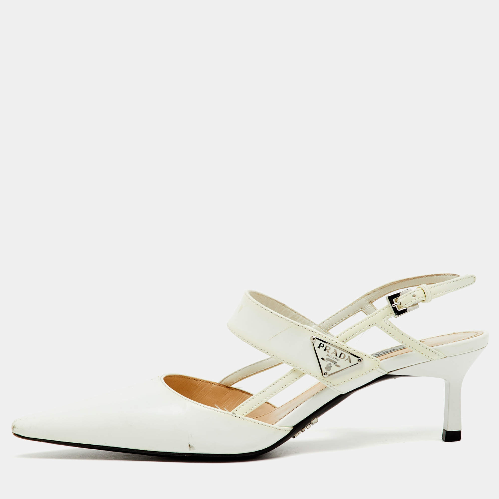 Pre Owned Prada White Leather Logo Pointed Toe Slingback Pumps Size 36