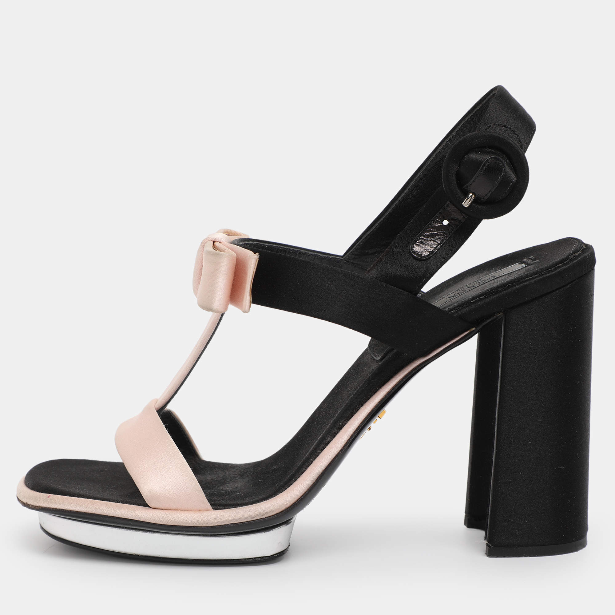 Pre Owned Prada Pink/Black Satin Bow Slingback Sandals Size 38.5