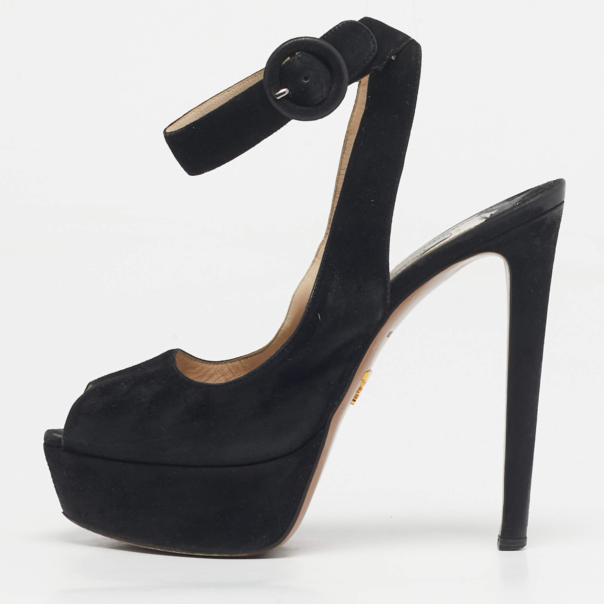 Pre Owned Prada Black Suede Peep Toe Ankle Strap Pumps Size 38