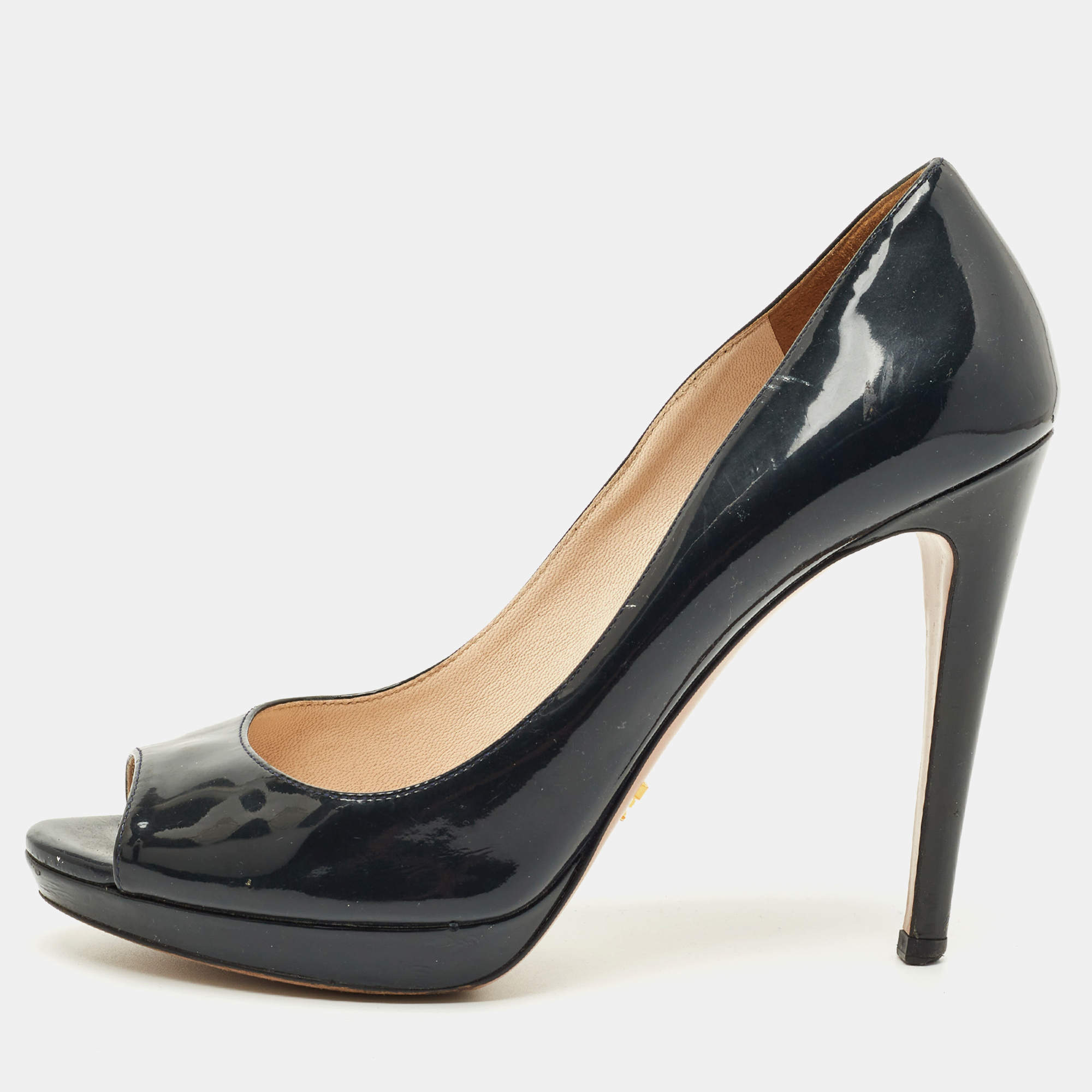 Pre Owned Prada Navy Blue Patent Leather Peep Toe Pumps Size 39.5