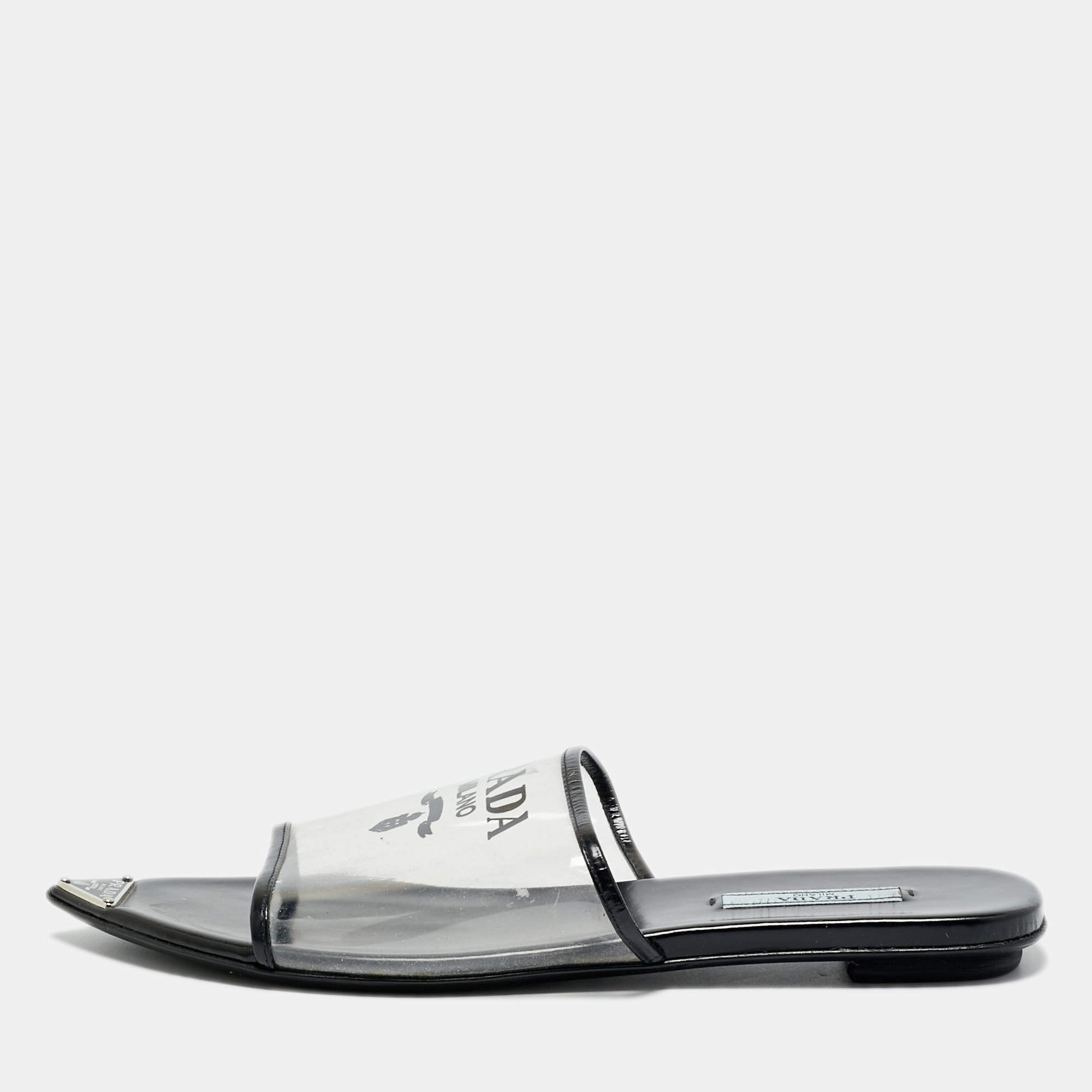 Pre Owned Prada Black/Transparent  PVC and Leather Flat Slides Size 37