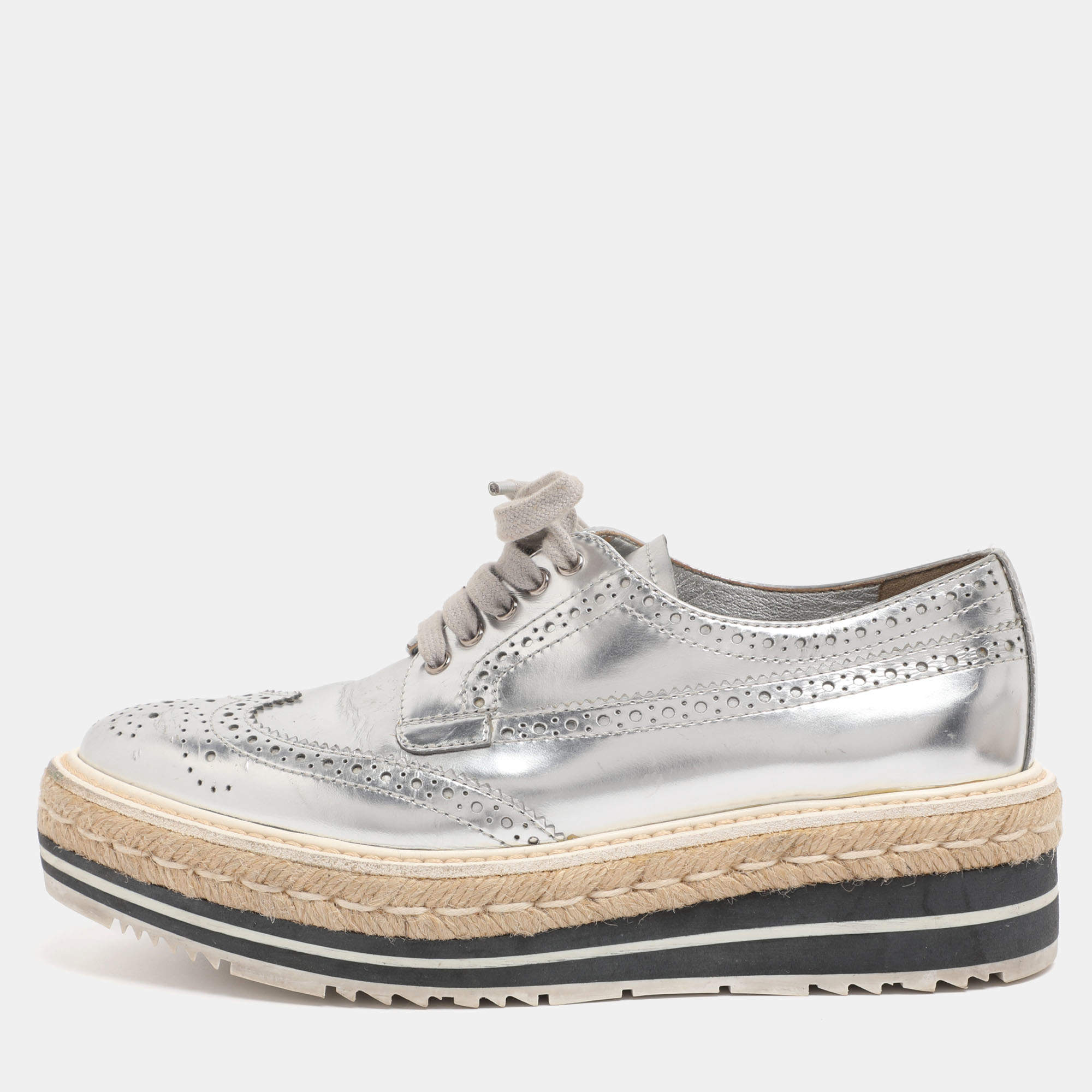 Pre Owned Prada Silver Leather Brogues Oxford Sneakers Size 35