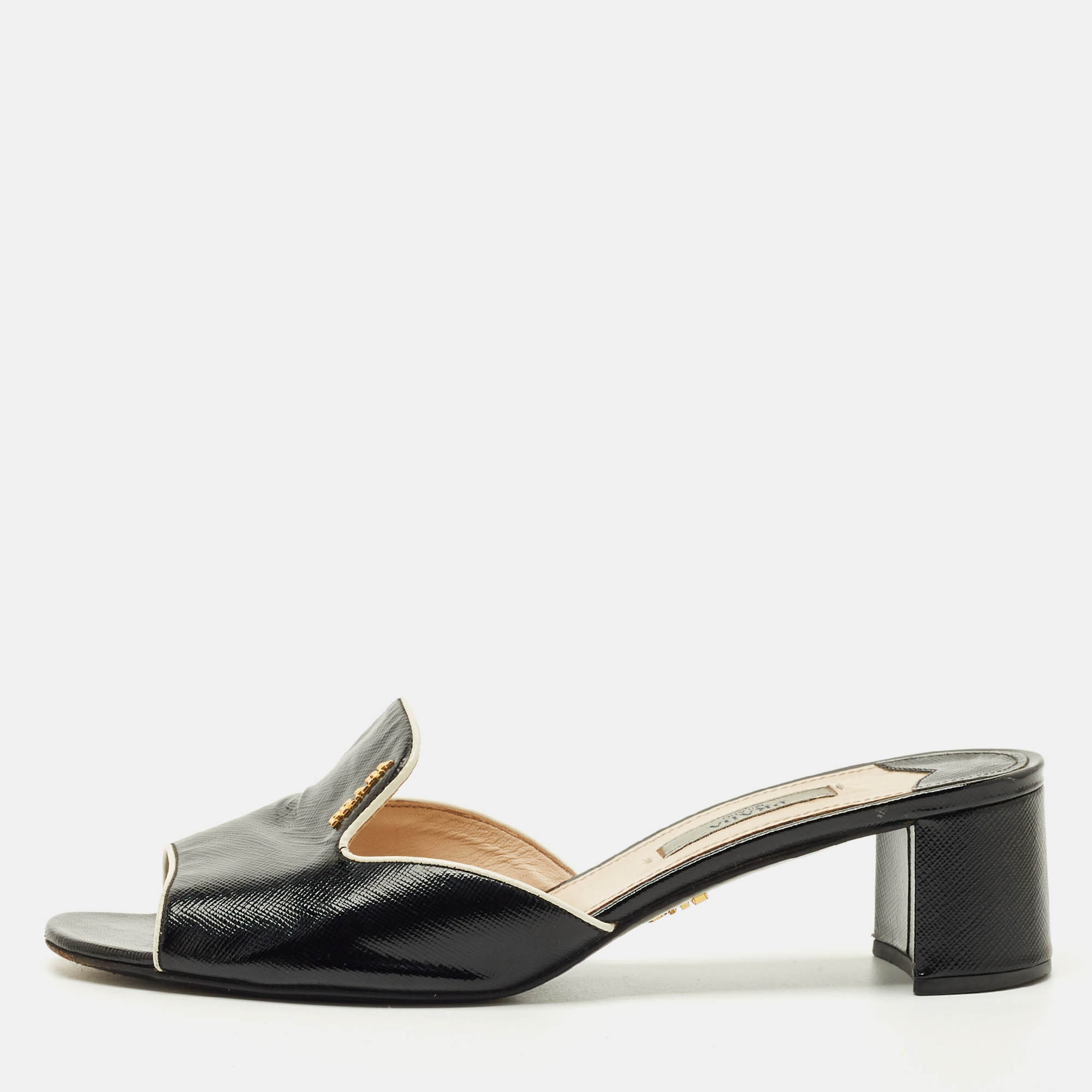 Pre Owned صندل سلايد برادا جلد فيرنيه سافيانو أسود مقاس 38.5