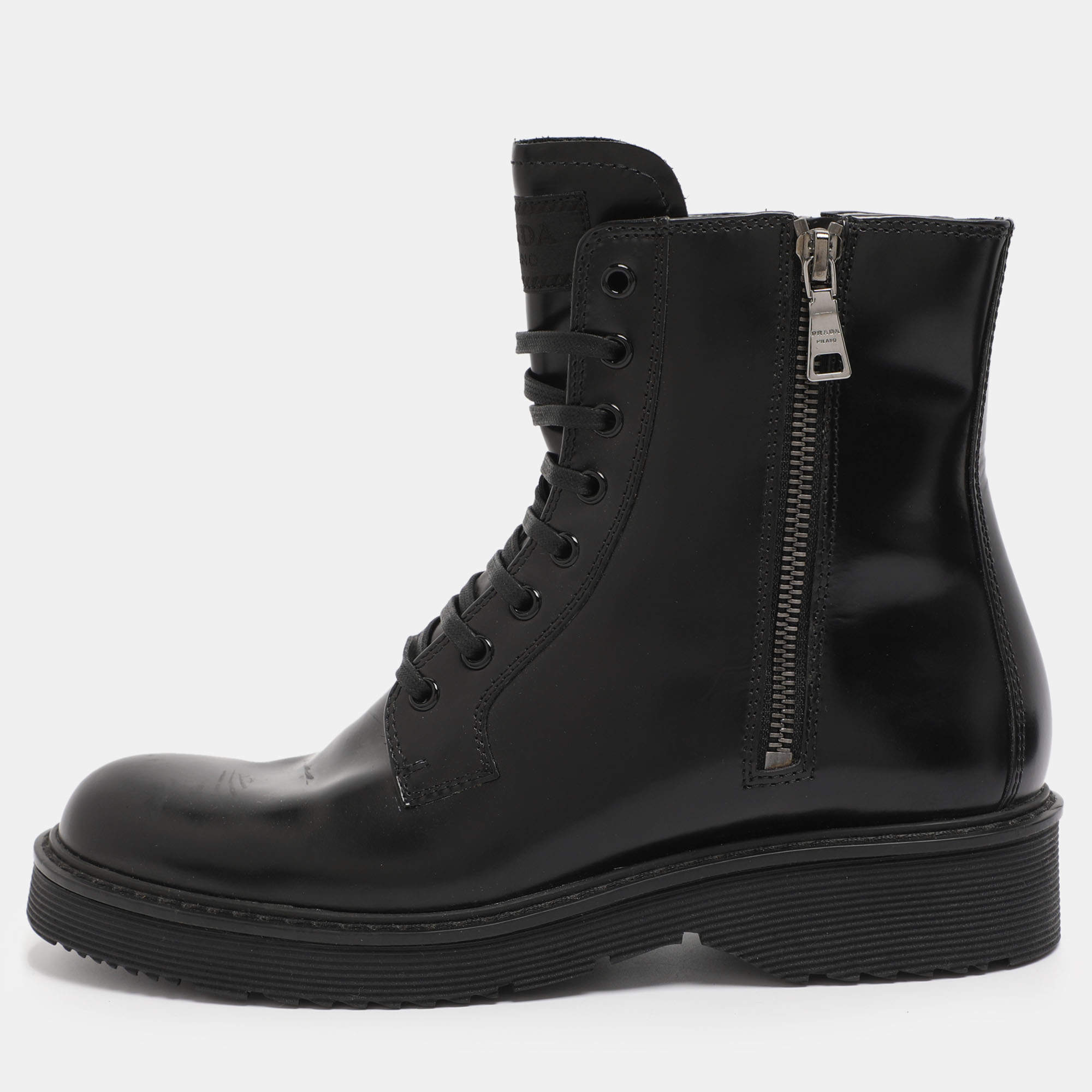 Pre Owned Prada Black Leather Combat Boots Size 38.5