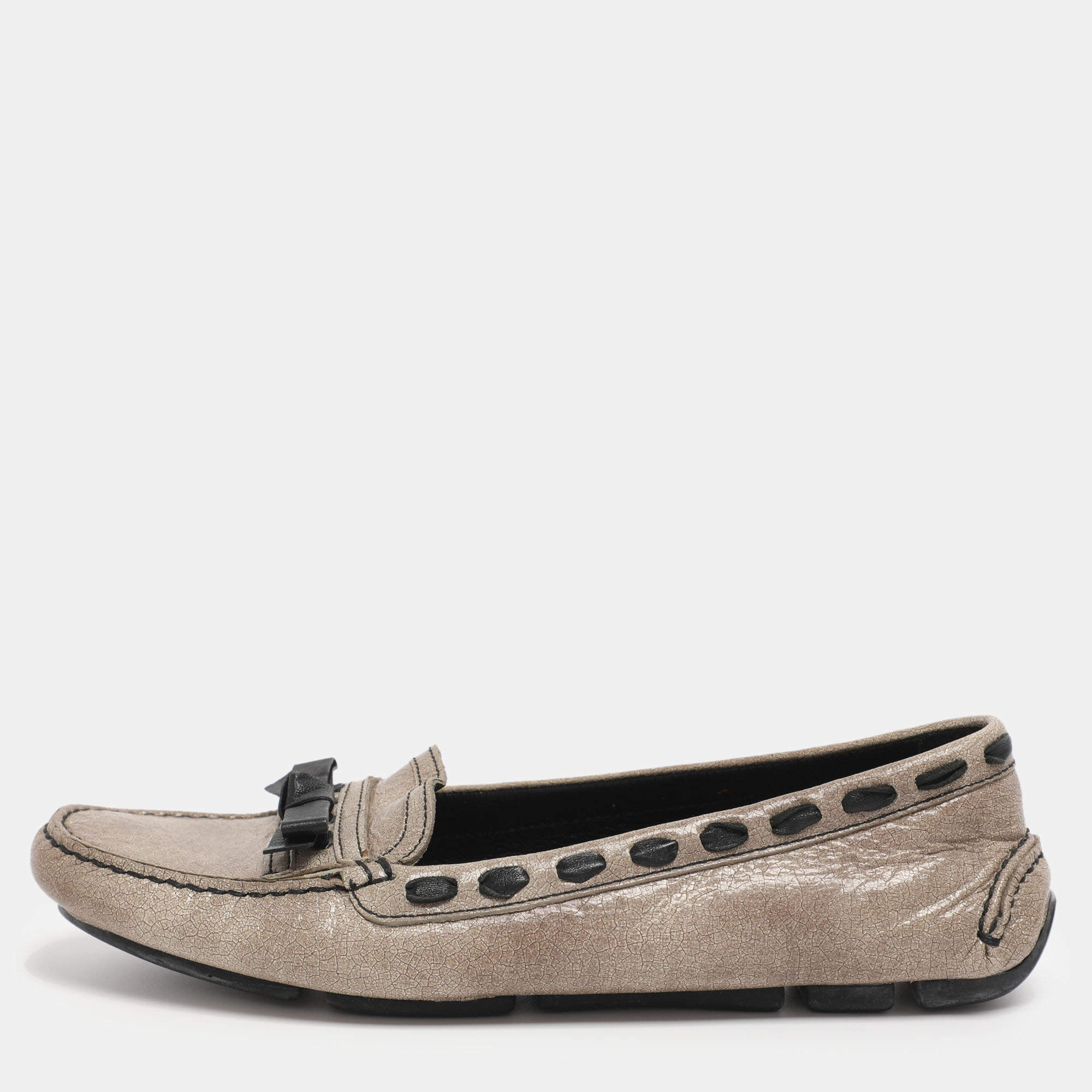 Pre Owned Prada Beige Leather Bow Loafers Size 36.5