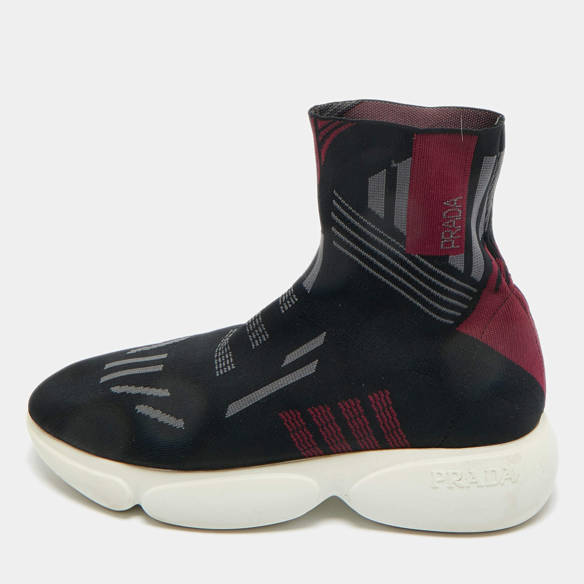 Pre Owned Prada Black/Burgundy Knit Fabric Sock Runner High Top Sneakers Size 36.5