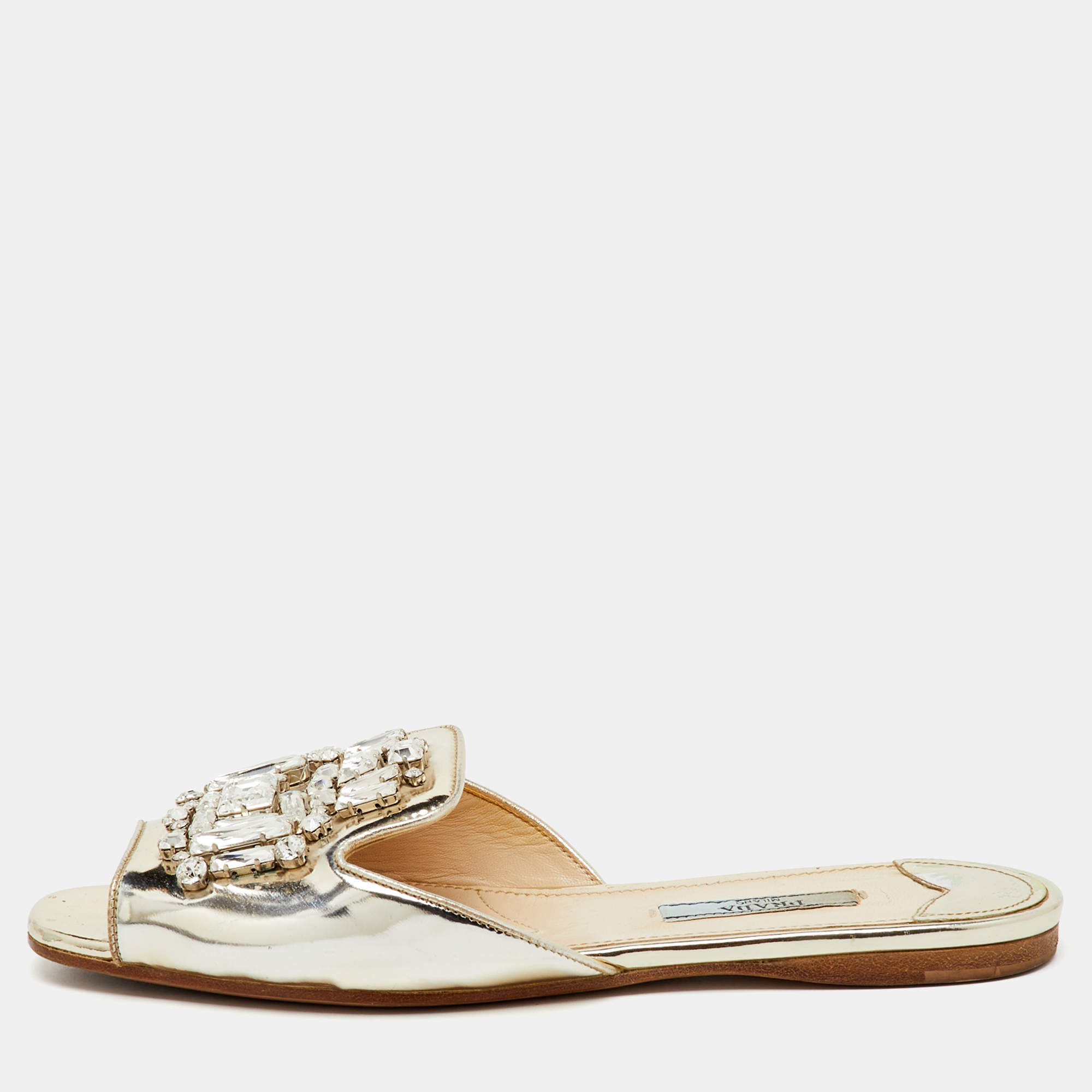 Pre Owned Prada Silver Foil Leather Crystal Embellished Flat Slide Sandals Size 37