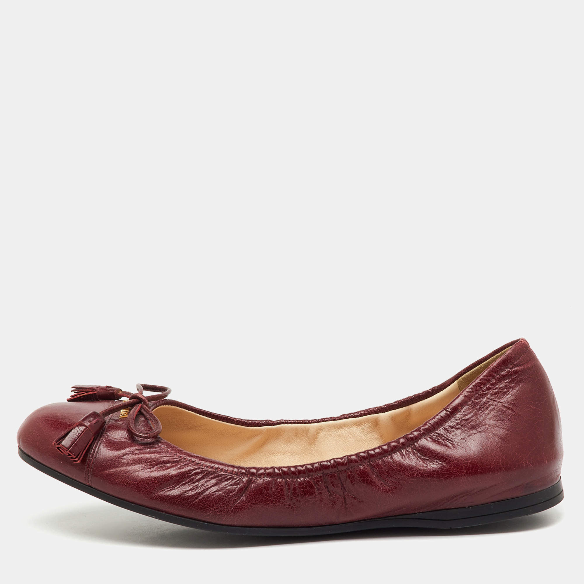 Pre Owned Prada Burgundy Leather Bow Scrunch Ballet Flats Size 37.5