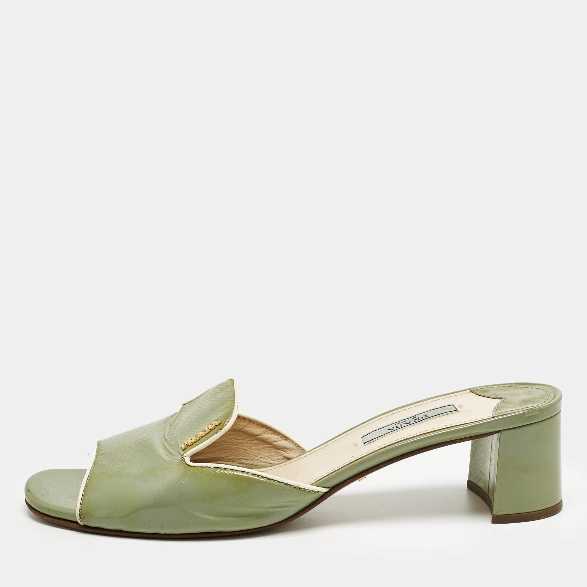 Pre Owned Prada Green Saffiano Leather Slide Sandals Size 39
