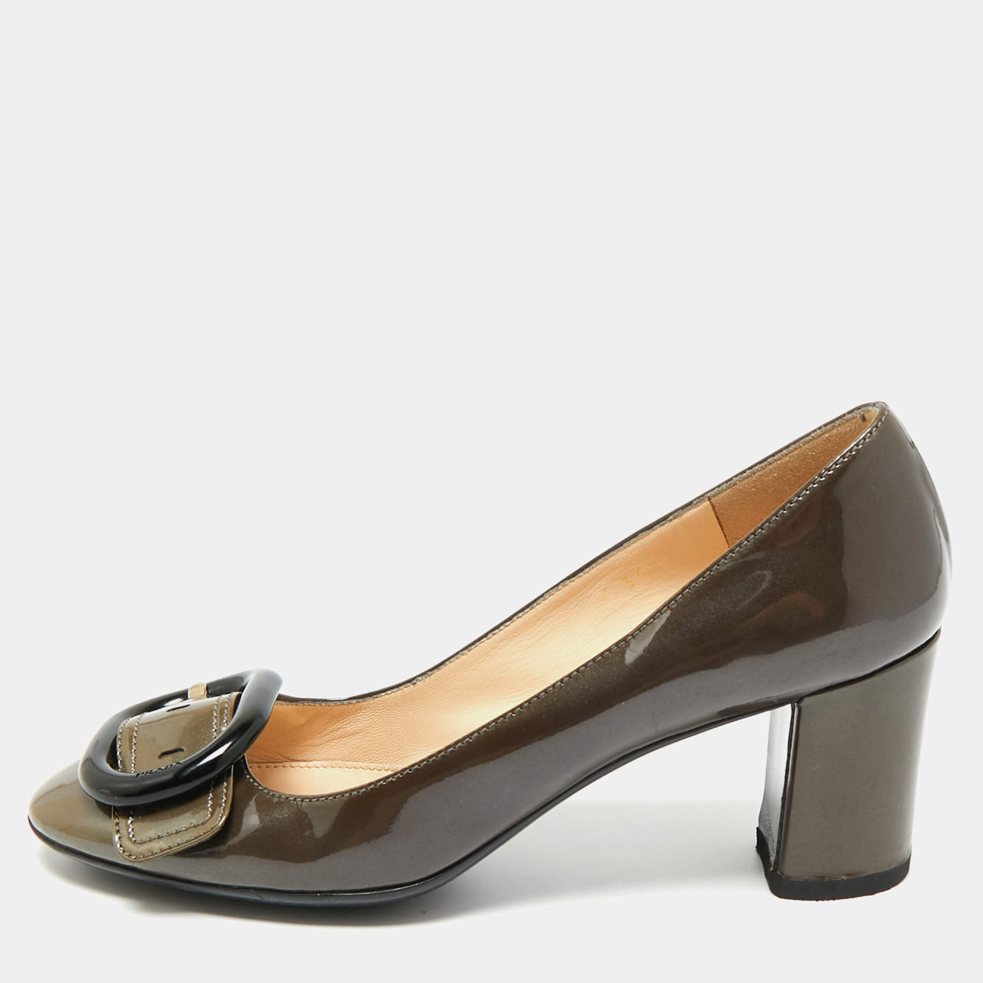 Pre Owned Prada Green Patent Leather Block Heel Pumps Size 36.5