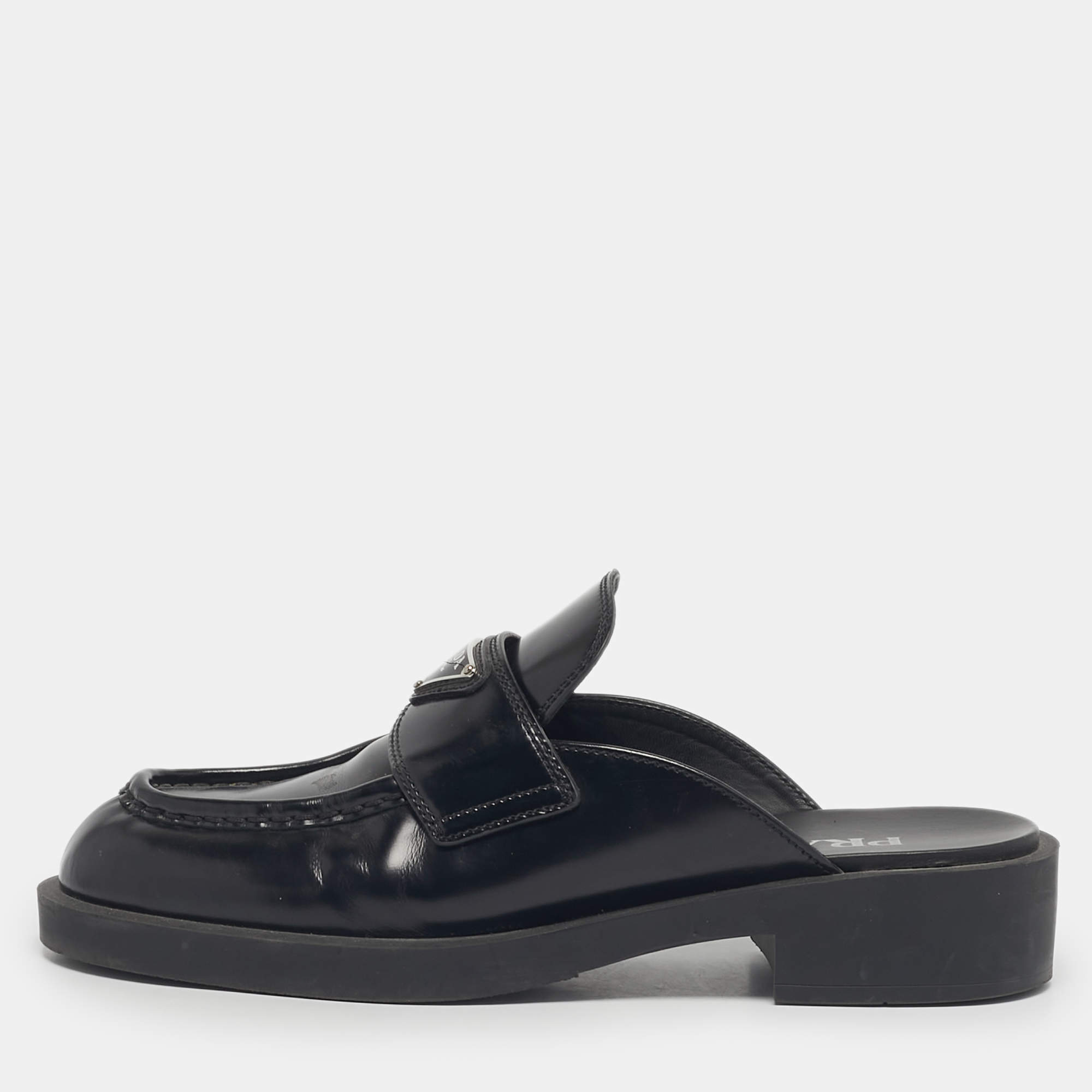Pre Owned Prada Black Brushed Leather Logo Mules Size 39