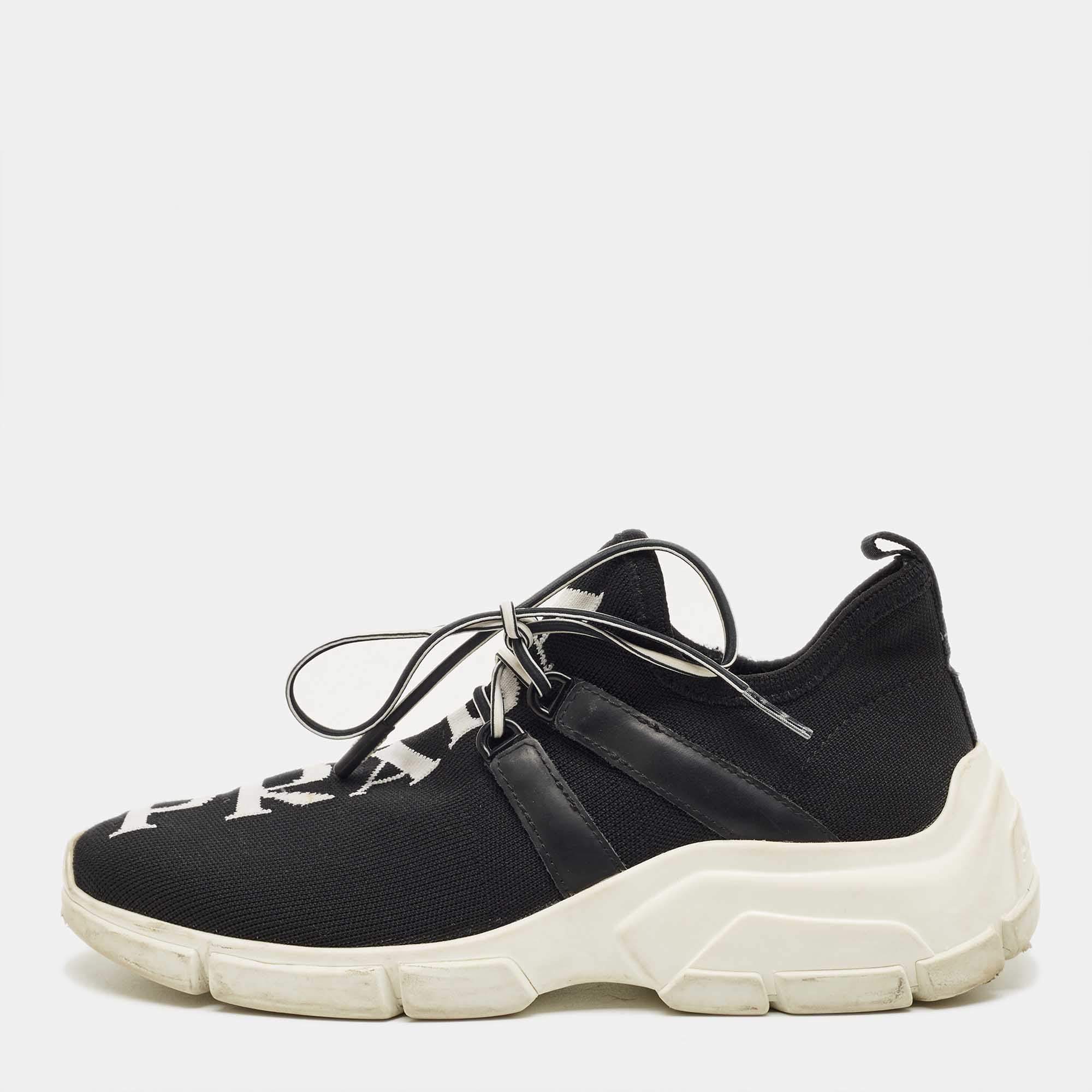 Pre Owned Prada Black Knit Fabric and Leather Lace Up Sneakers Size 35