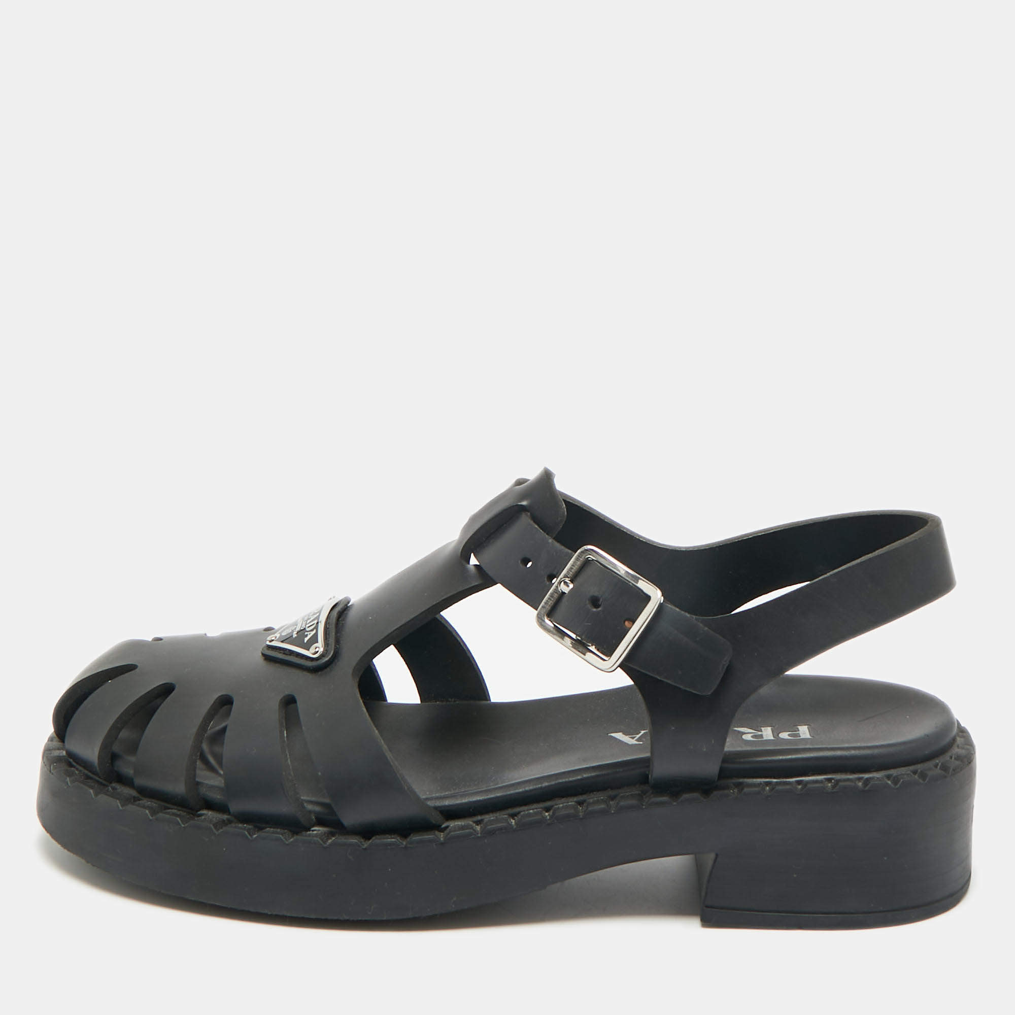 Pre Owned Prada Black Rubber Monolith Ankle Strap Sandals Size 40