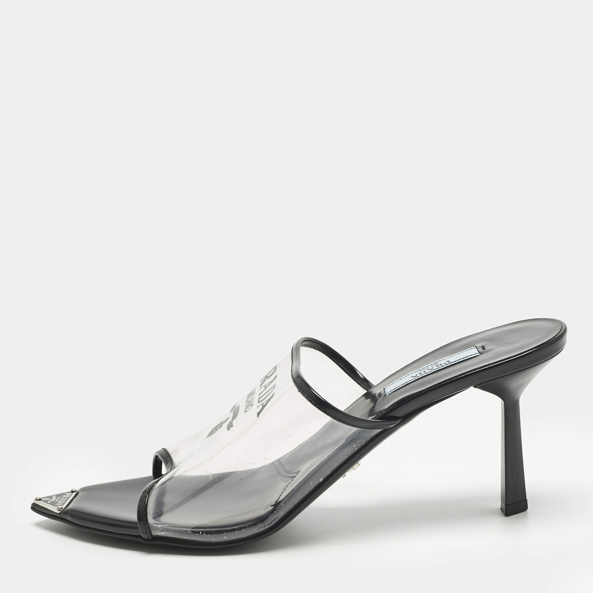 Pre Owned Prada Transparent PVC Logo Open Toe Mules Size 39.5