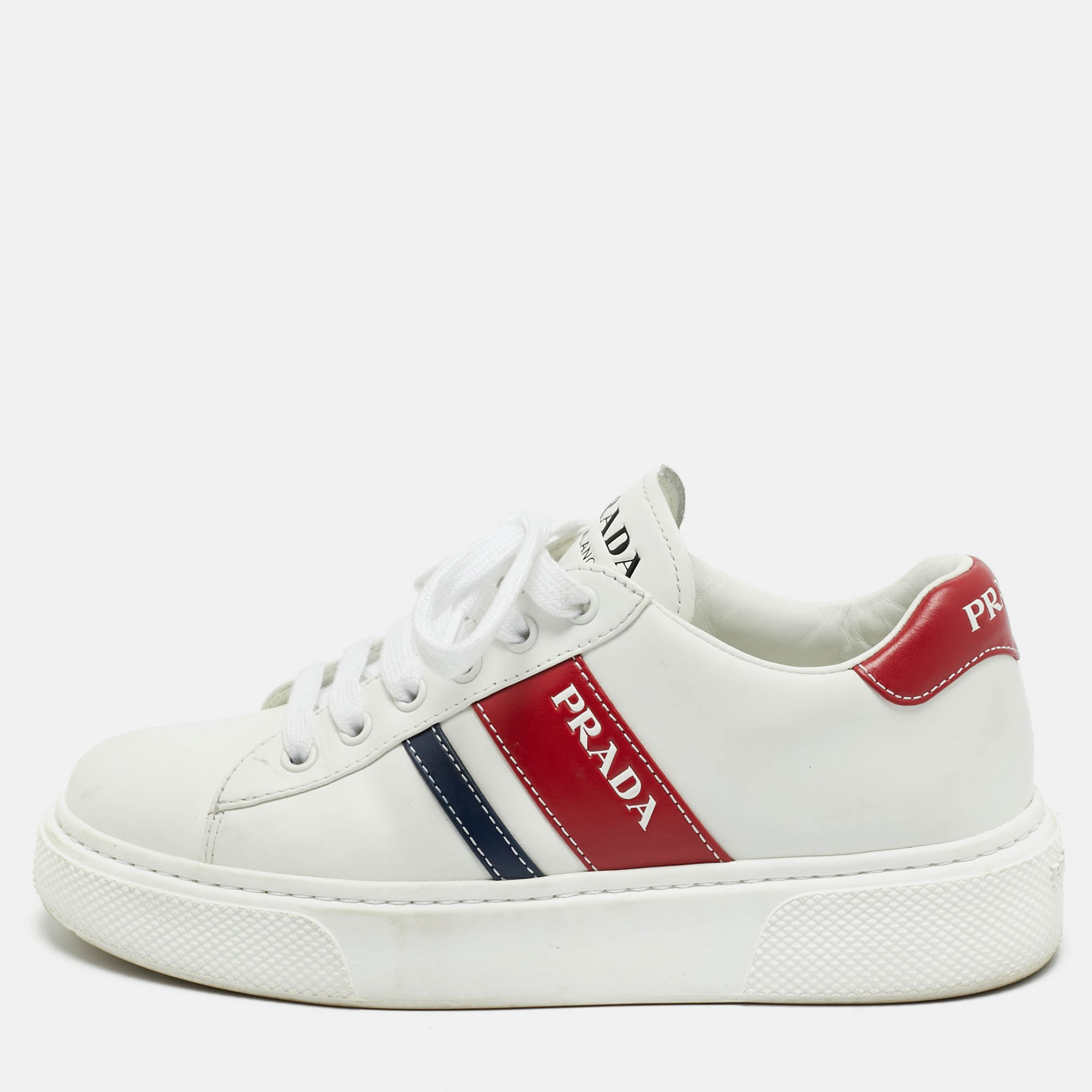 Pre Owned Prada White Leather Donna Lace Up Sneakers Size 37