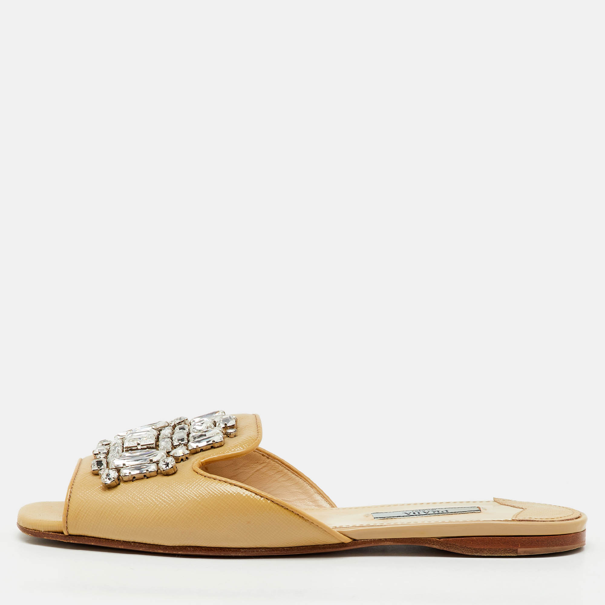 Pre Owned Prada Beige Saffiano Patent Leather Crystal Embellished Flat Slide Sandals Size 37