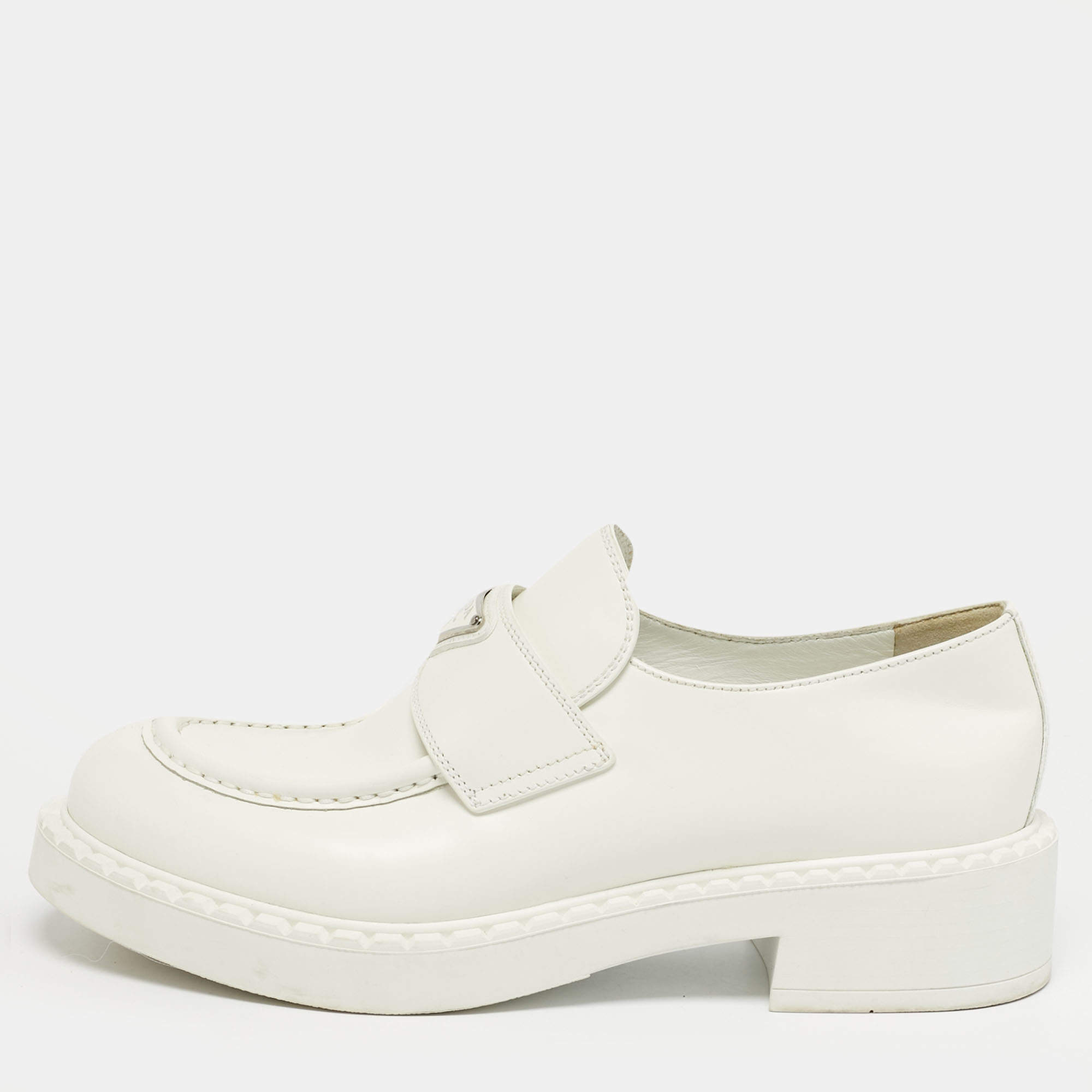 Pre Owned Prada White Leather Monolith Loafers Size 40
