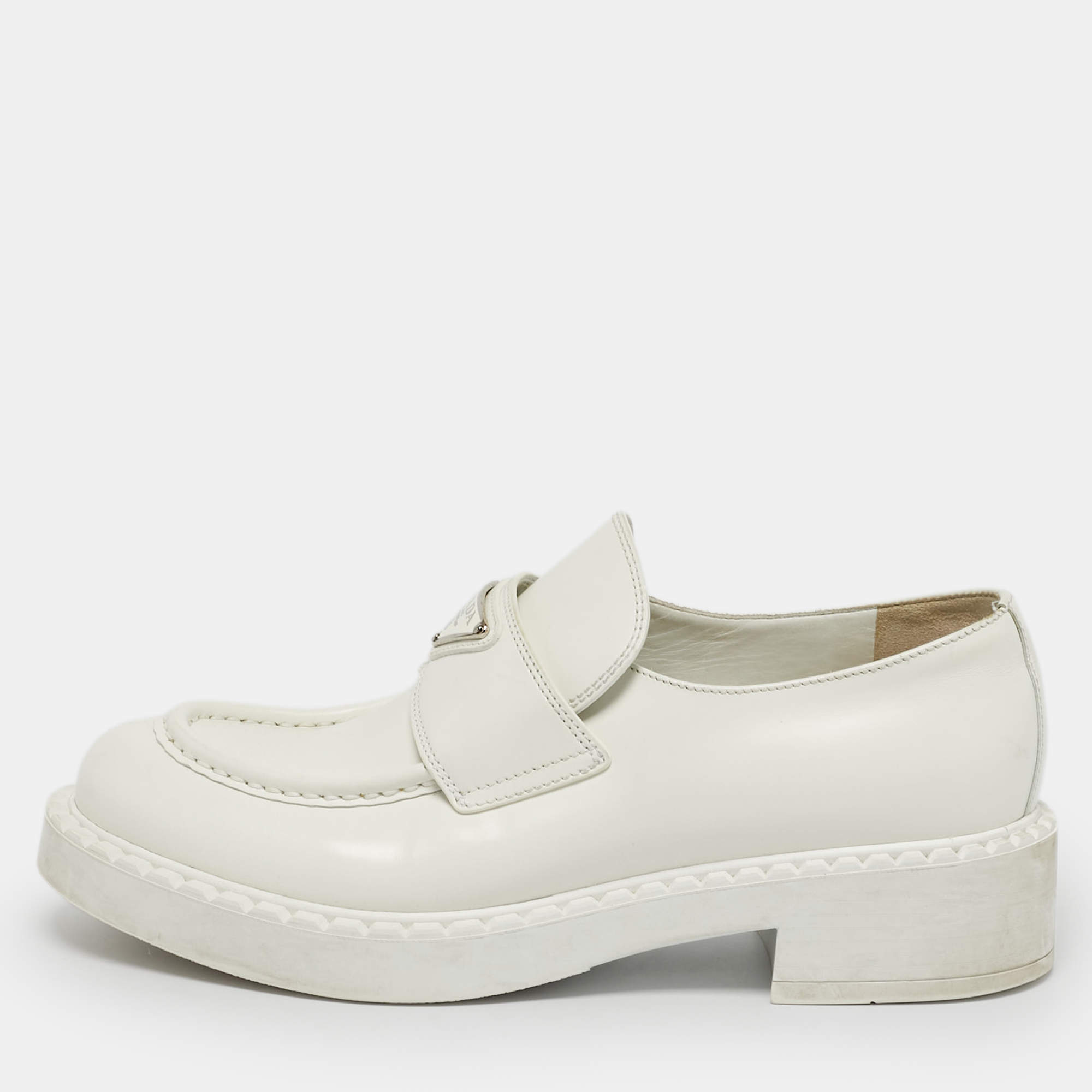 Pre Owned Prada White Leather Slip On Loafers Size 37.5