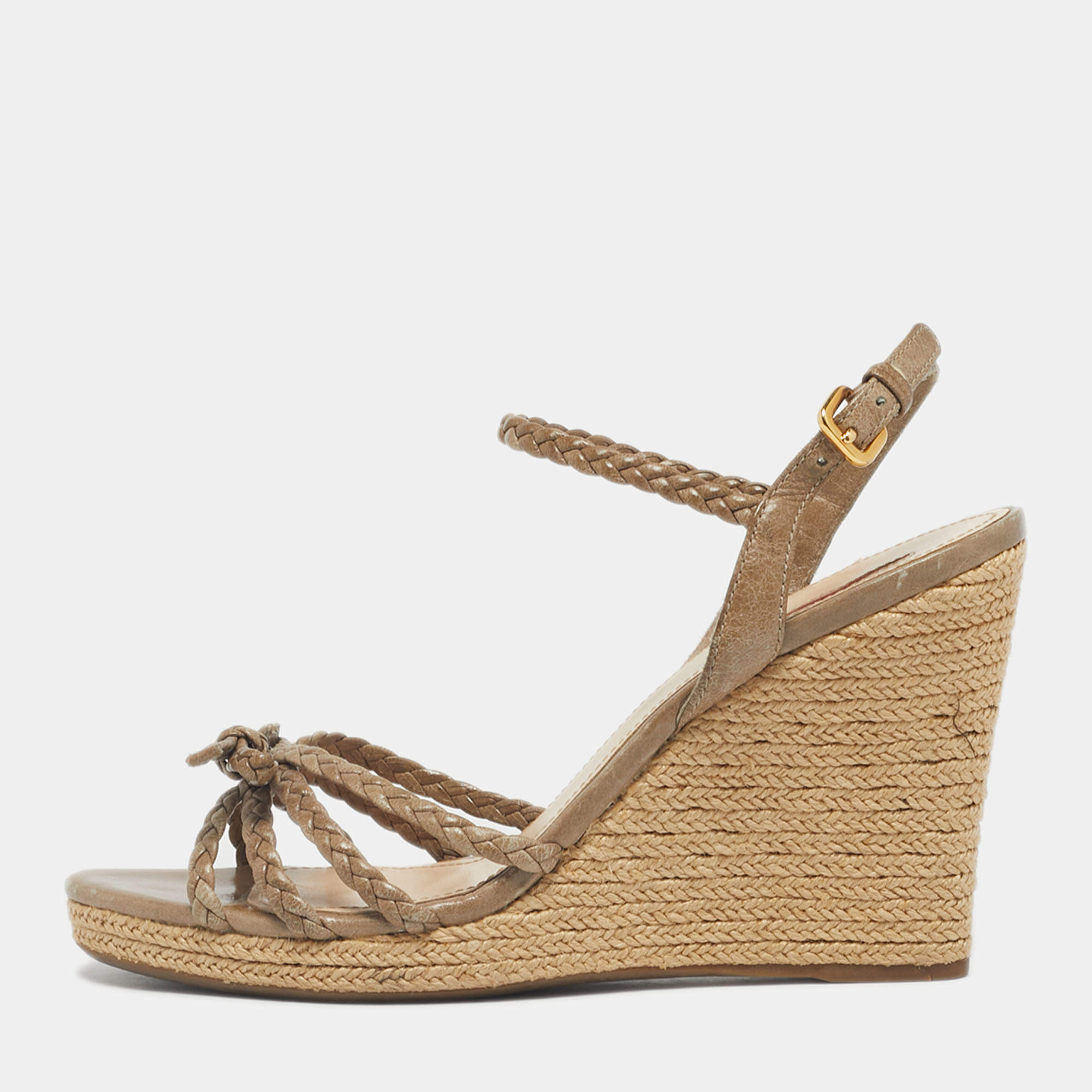 Pre Owned Prada Grey Leather Braided Basket Weave Wedge Sandals Size 40