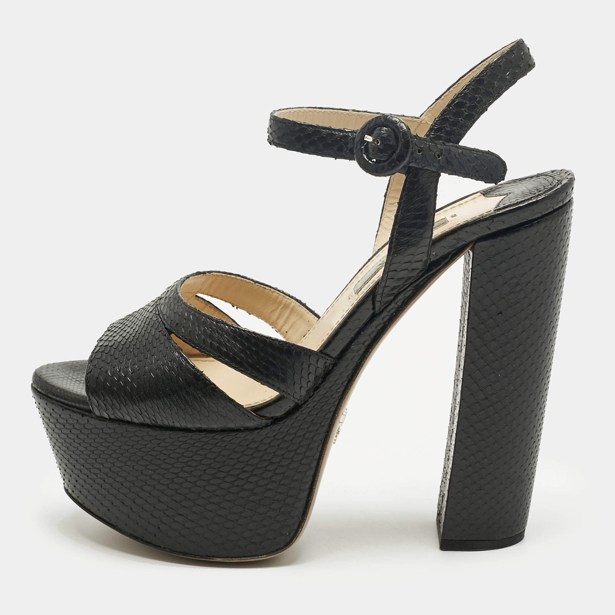 Pre Owned Prada Black Snakeskin Leather Ankle Strap Sandals Size 36