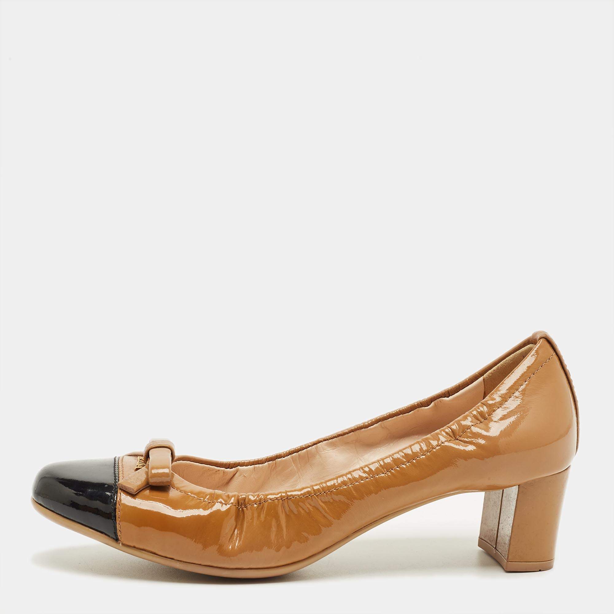 Pre Owned Prada Brown/Black Patent Leather Cap Toe Bow Block Heel Pumps Size 36