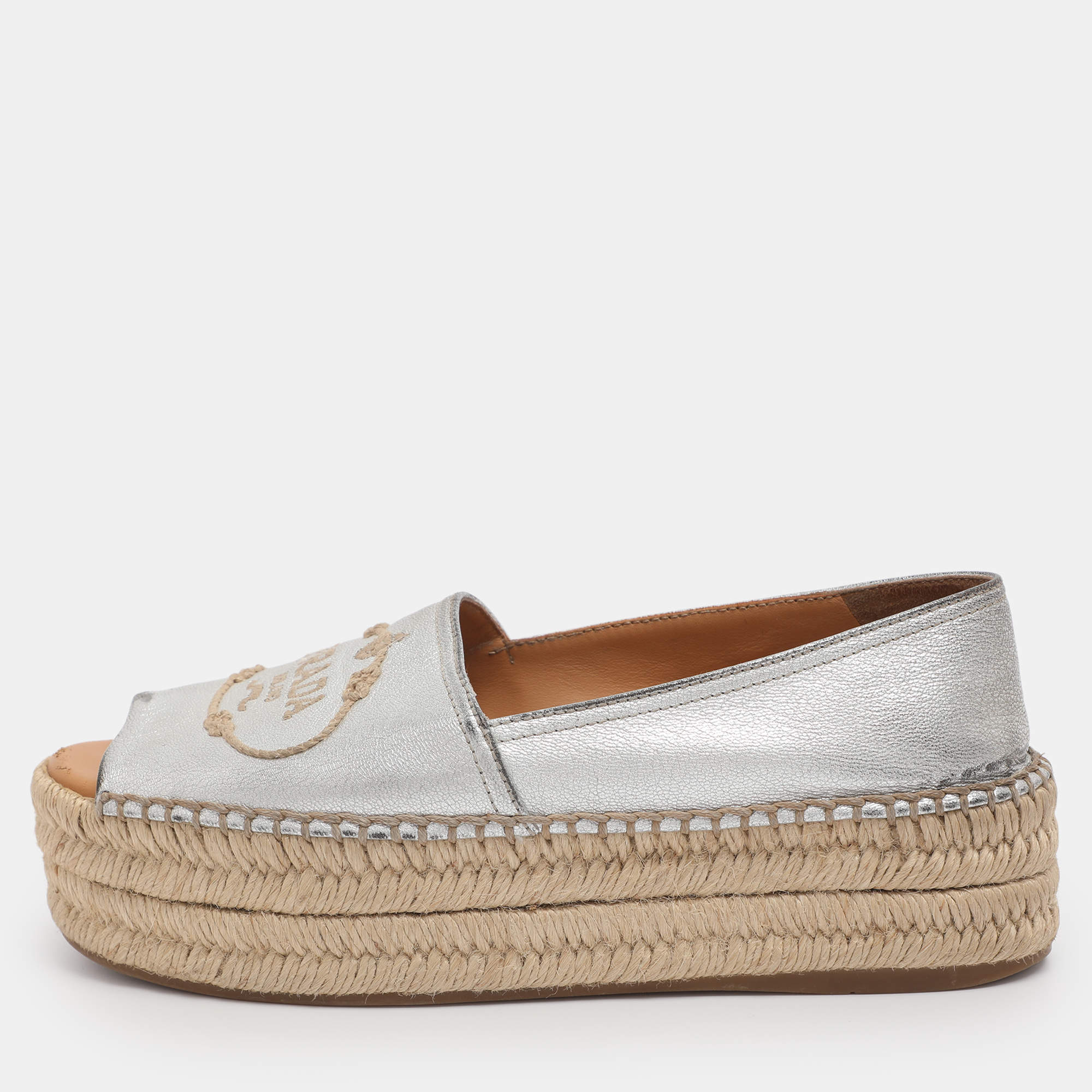 Pre Owned Prada Silver Leather Peep Toe Platform Espadrille Flats Size 36