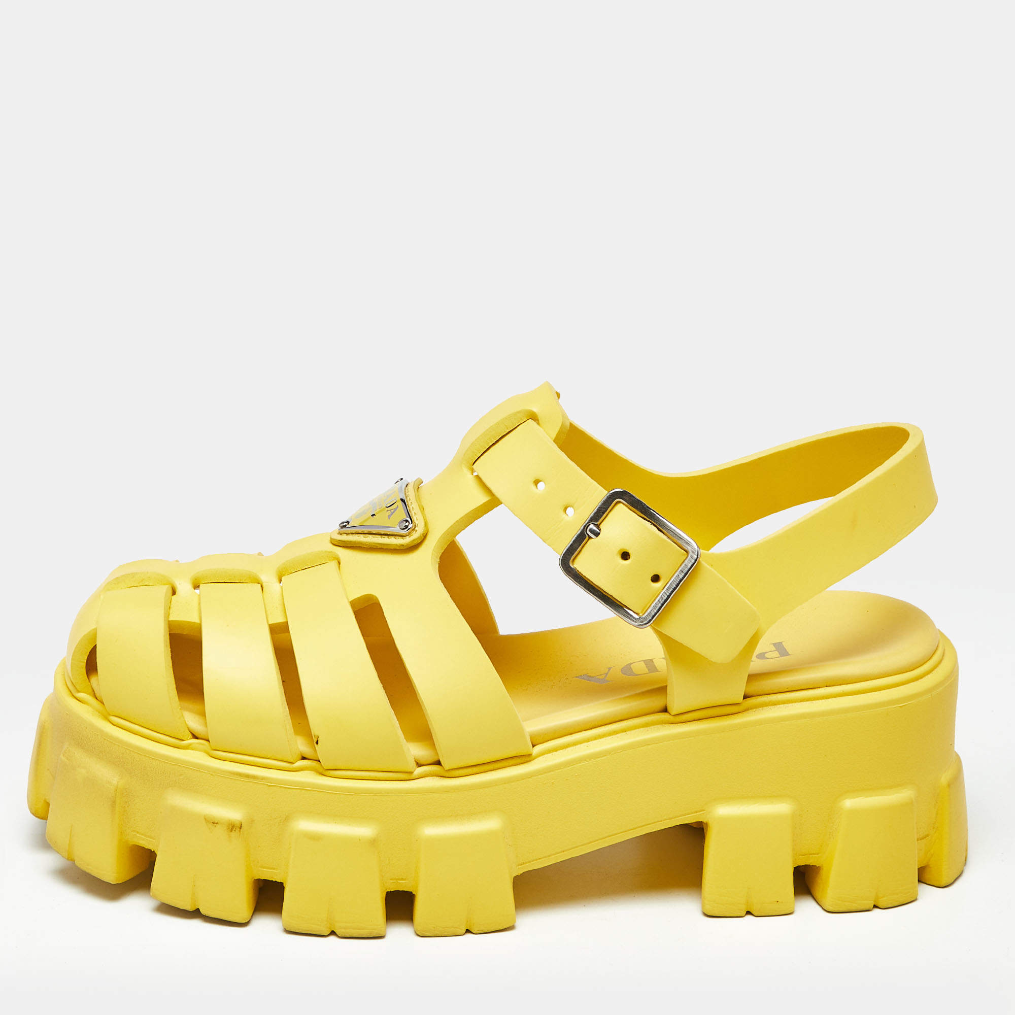 Pre Owned Prada Yellow Rubber Monolith Sandals Size 35