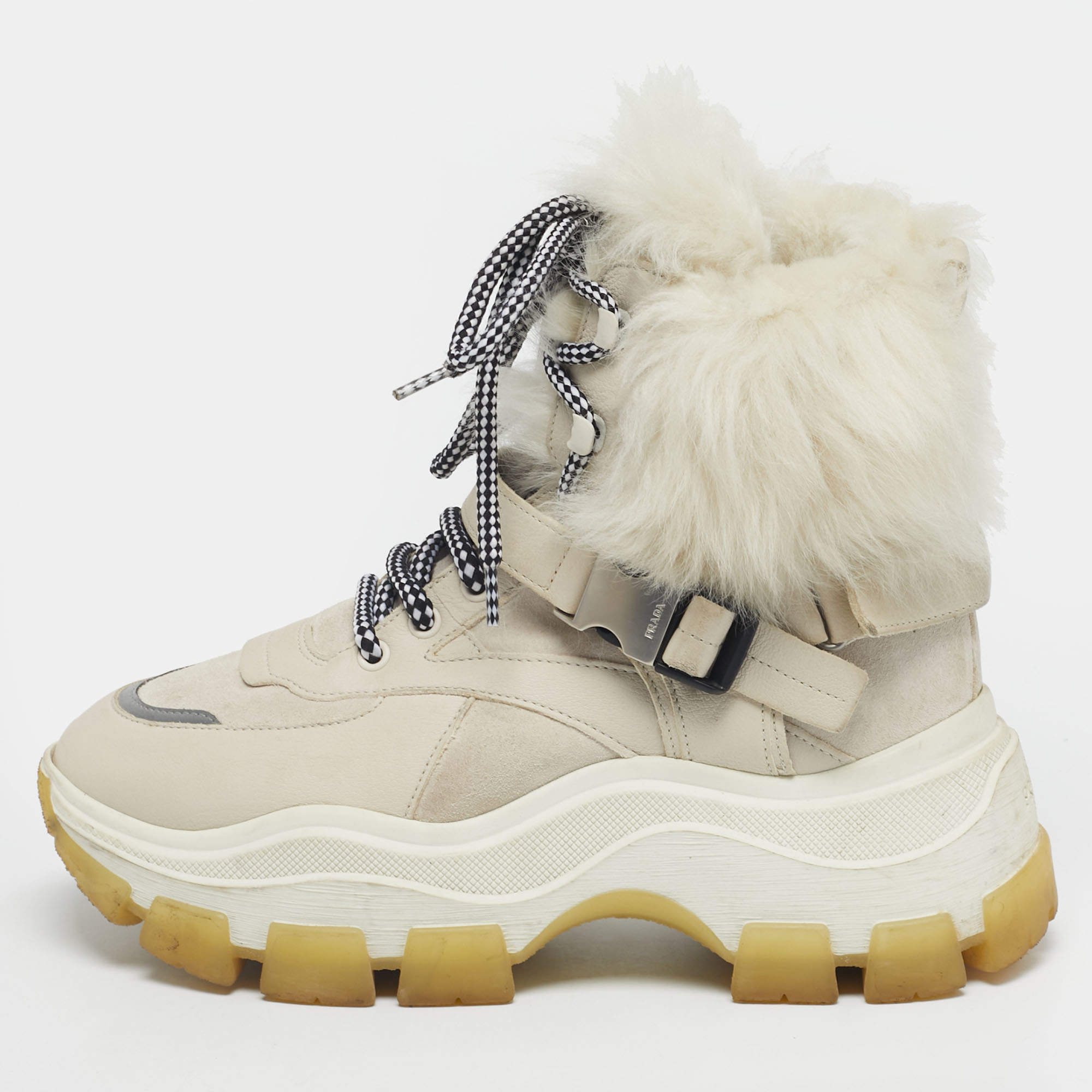 Pre Owned Prada Grey Leather and Shearling Hiking High Top Sneakers Size 38.5