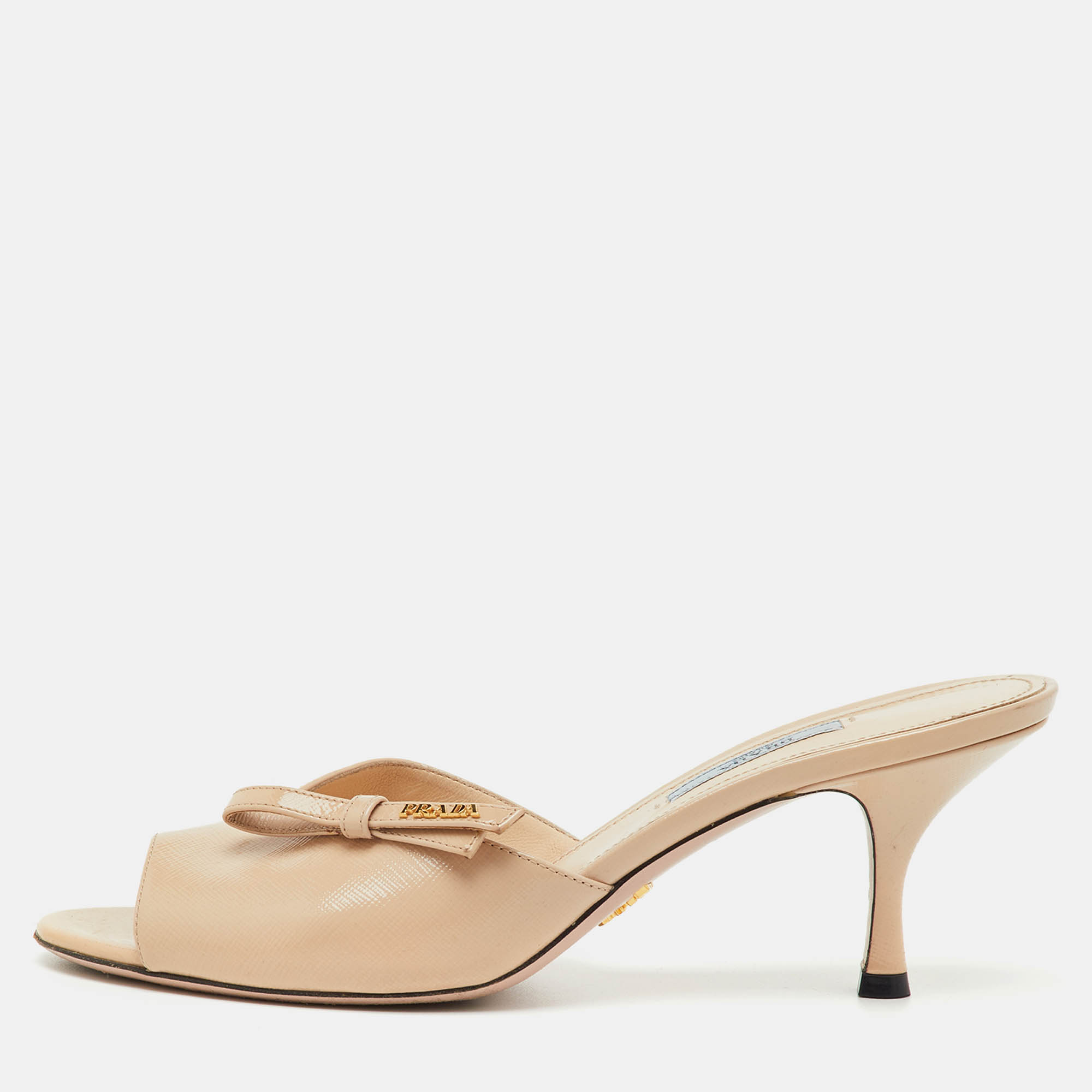 Pre Owned Prada Beige Saffiano Lux Leather Open Toe Bow Slide Sandals Size 40