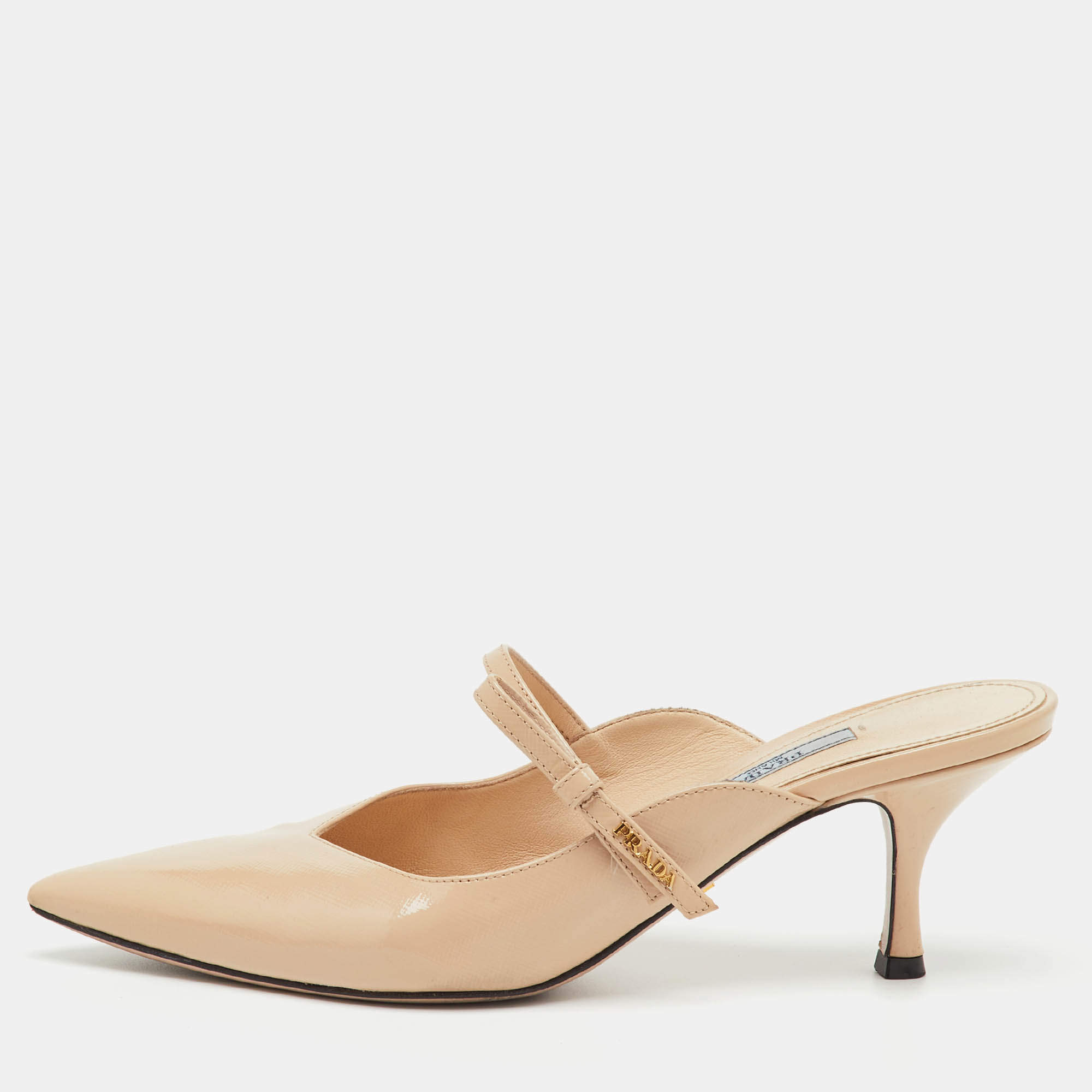 Pre Owned Prada Beige Saffiano Lux Leather Pointed Toe Bow Mules Size 40