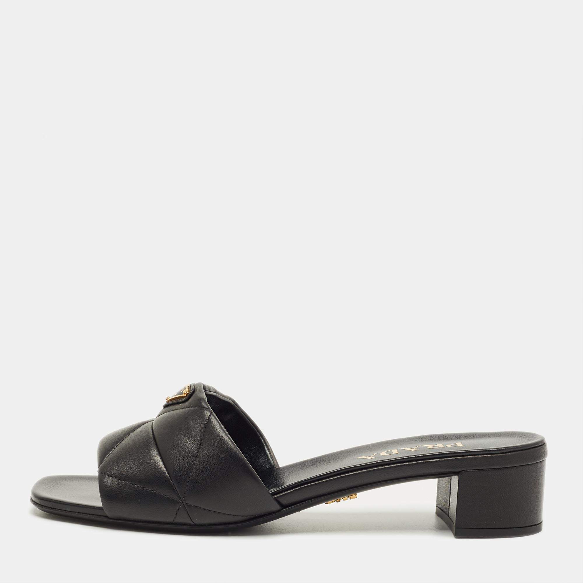 Pre Owned Prada Black Quilted Leather Block Heel Slide Sandals Size 40.5