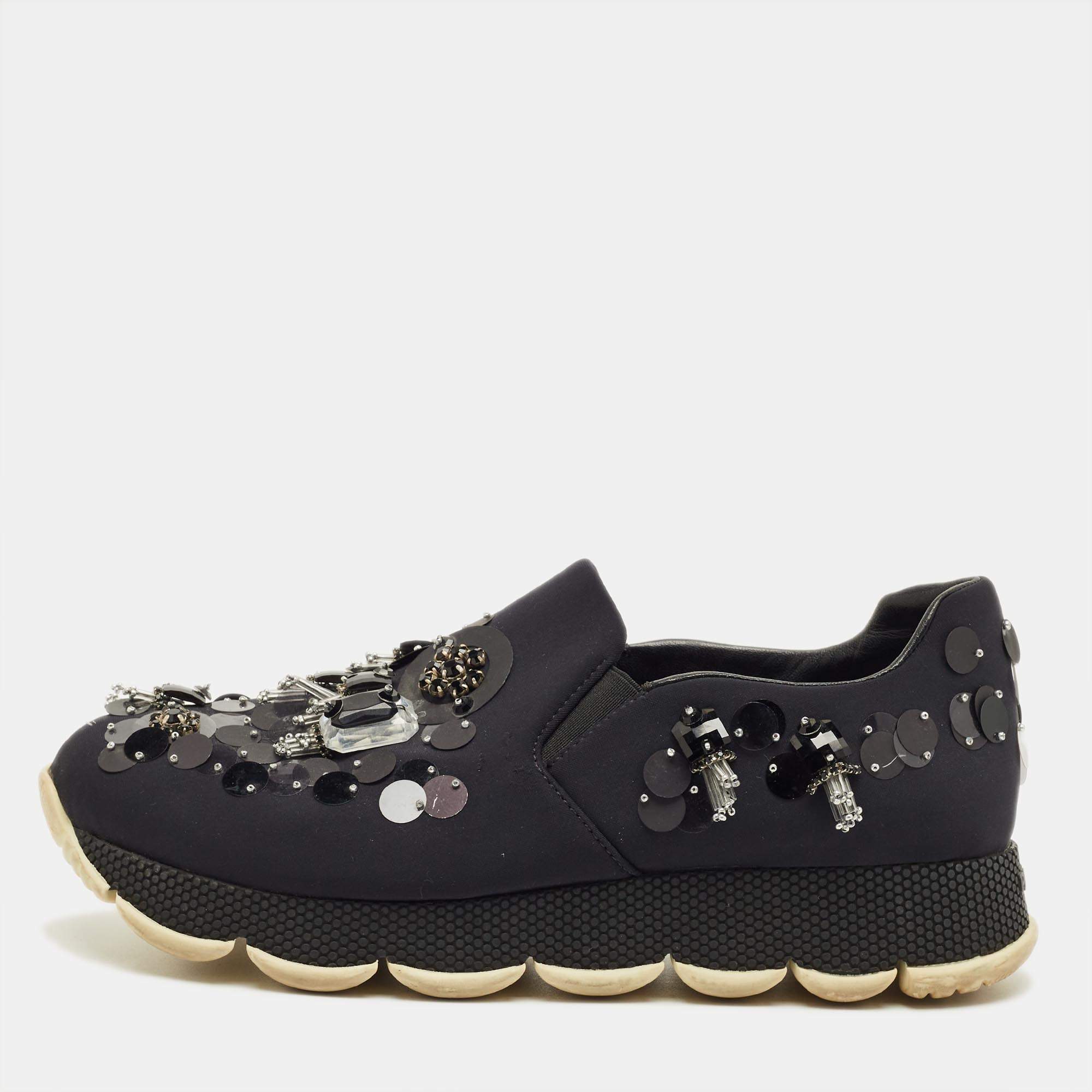 Pre Owned Prada Navy Blue Neoprene Crystal Embellish Slip On Sneakers Size 37