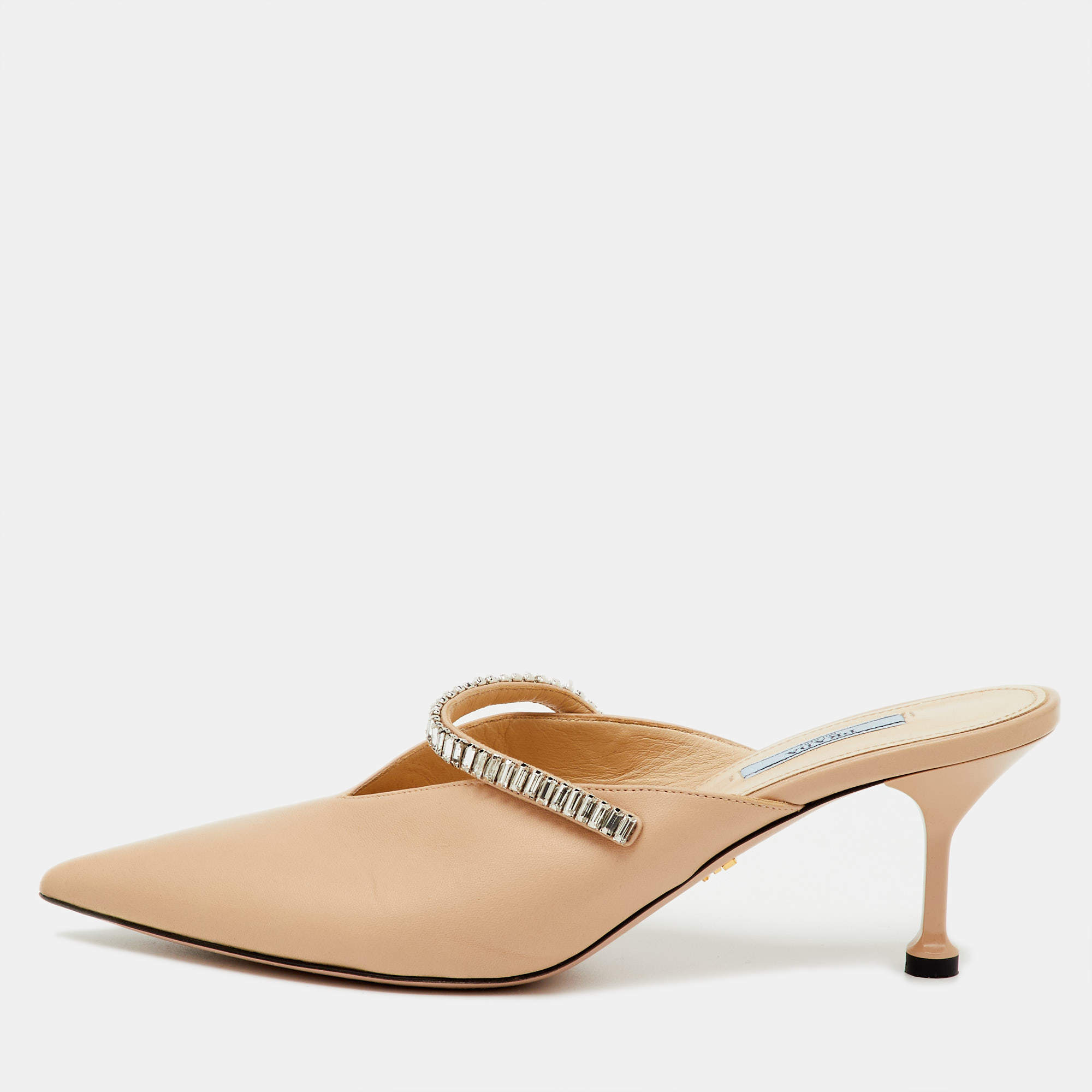 Pre Owned Prada Beige Leather Pointed Toe Crystal Embellished Mules Size 40
