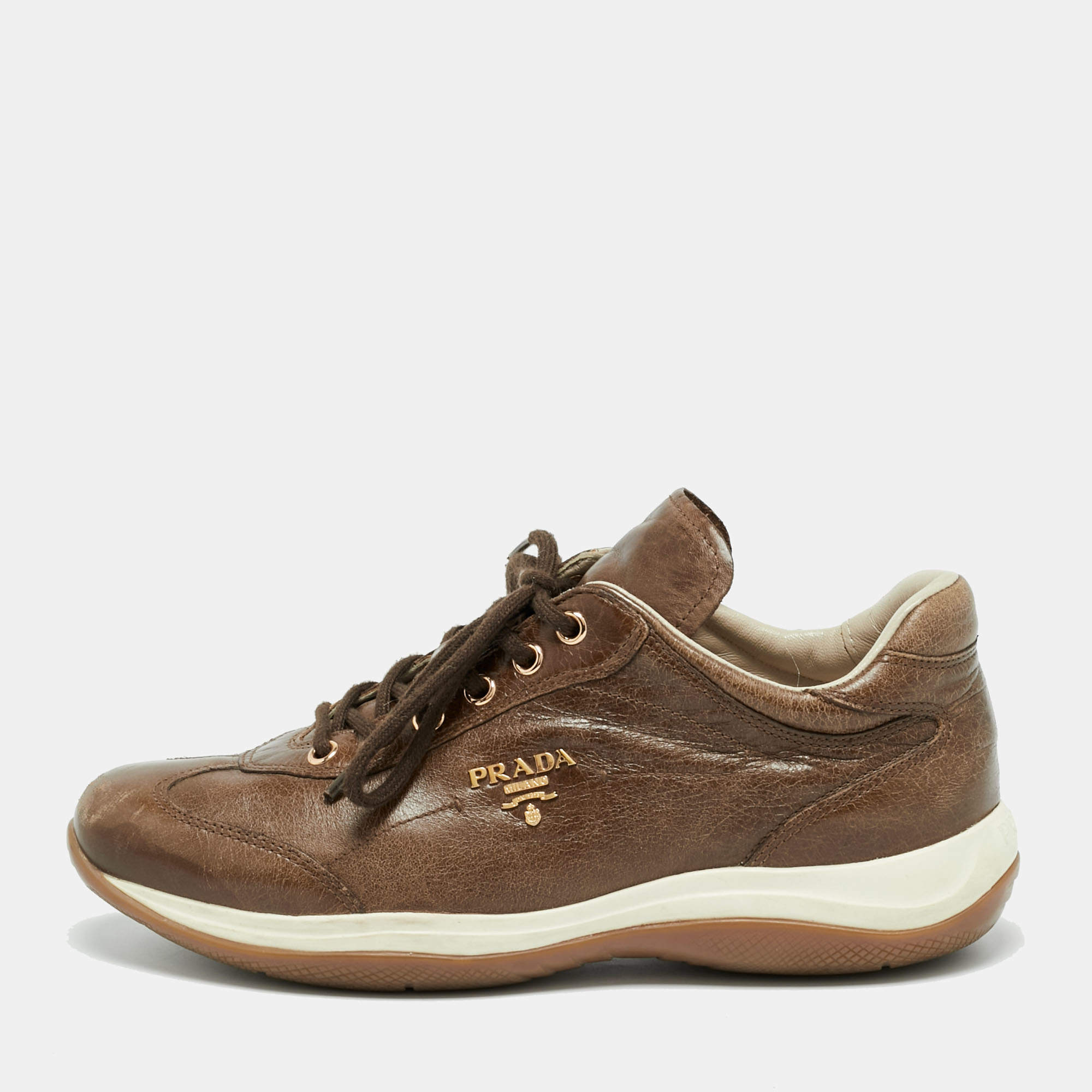 Pre Owned Prada Dark Brown Leather Lace Up Sneakers Size 37