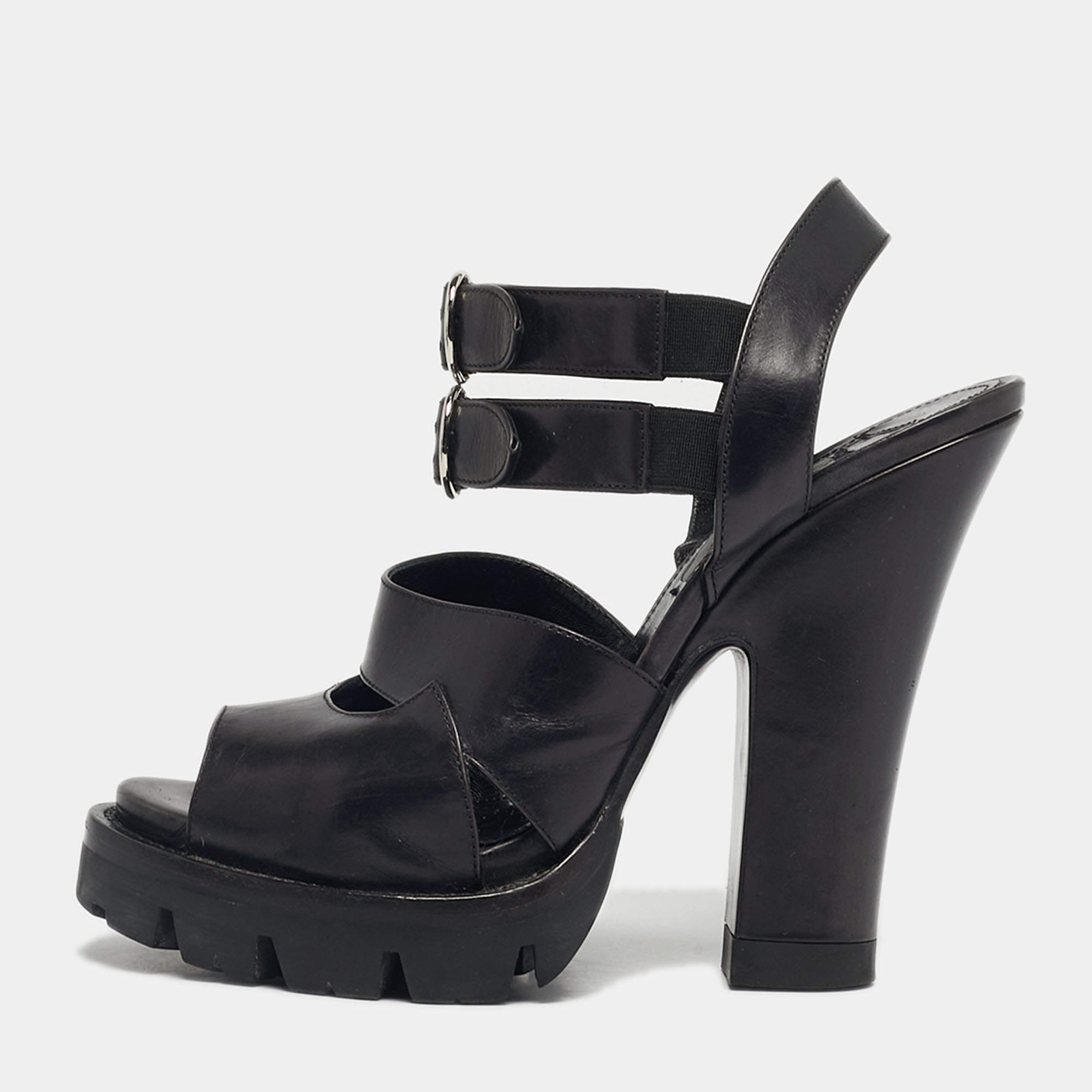 Pre Owned Prada Black Leather Ankle Strap Block Heel Sandals Size 38.5