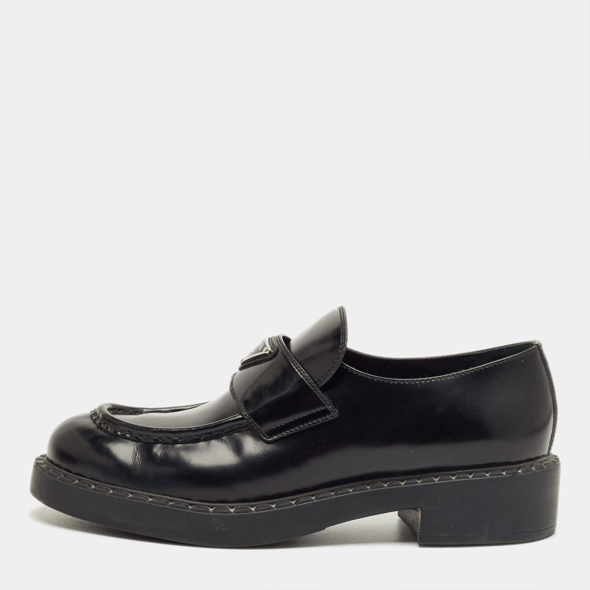 Pre Owned Prada Black Leather Slip On Loafers Size 41