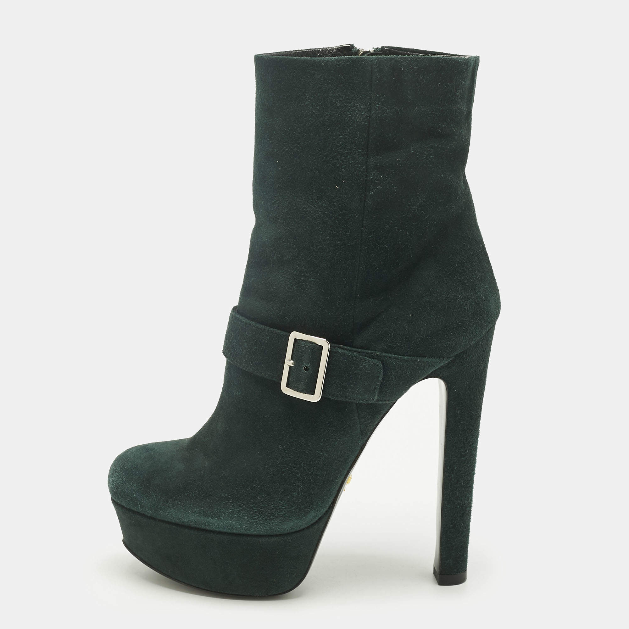 Pre Owned Prada Green Suede Platform Ankle Length Boots Size 37