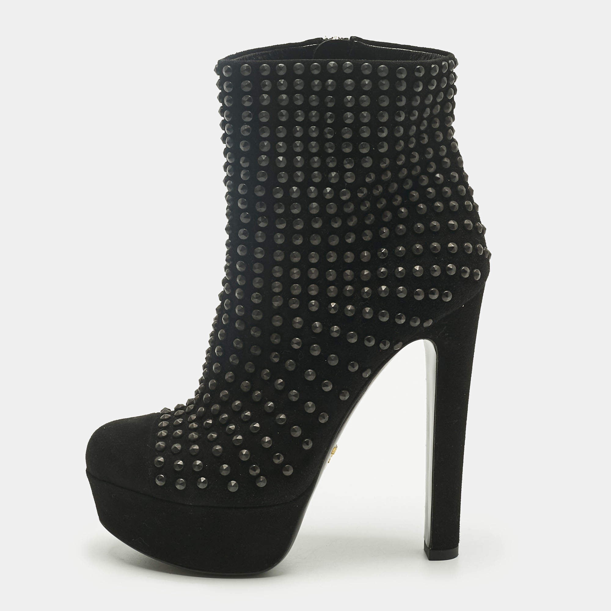 Pre Owned Prada Black Suede Stud Embellish Platform Ankle Length Boots Size 37