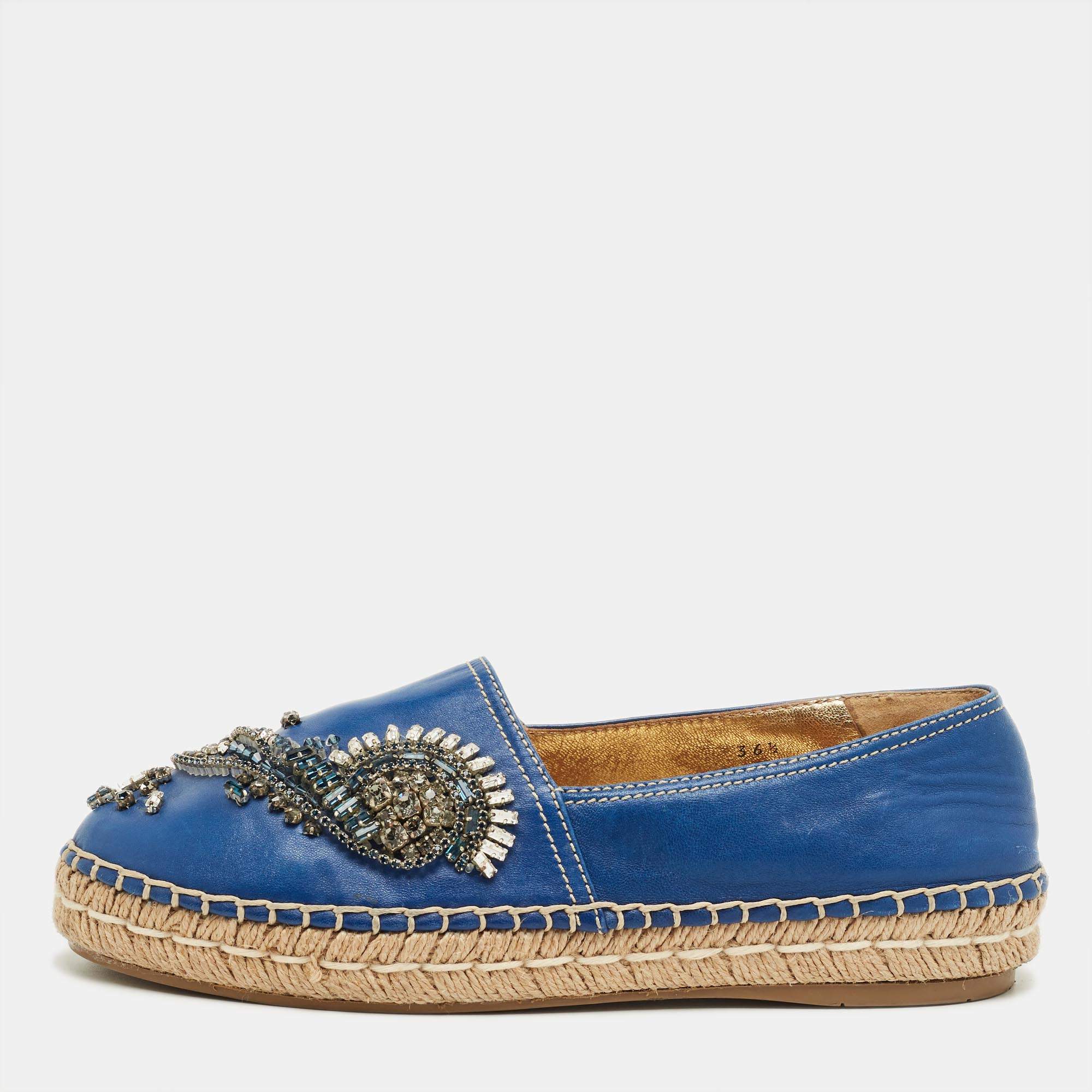 Pre Owned Prada Blue Leather Crystal Embellished Espadrille Flats Size 36.5